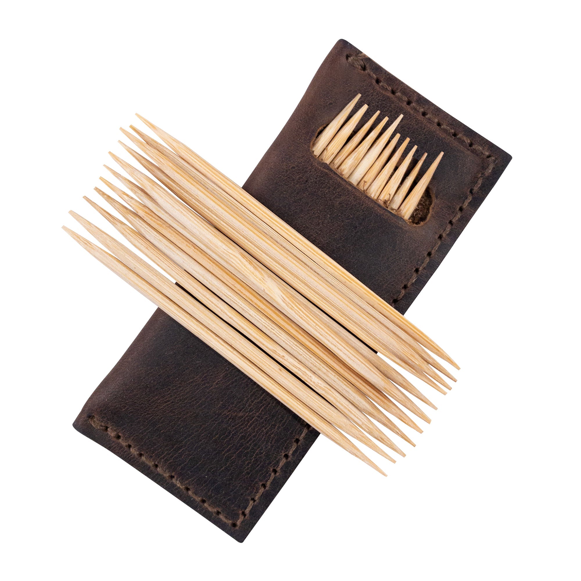 Hide & Drink Tooth Pick Case (4 Pack) showcasing a rustic full grain leather case with toothpicks inside. Set of 4 Tooth Pick Cases, Cooking Accessories, Full Grain Leather, StockyardX, Small Batch Production, Hand Cut, Hand Sewn, Fire Branded, Artisan, Handmade in La Antigua Guatemala & Oaxaca Mexico.