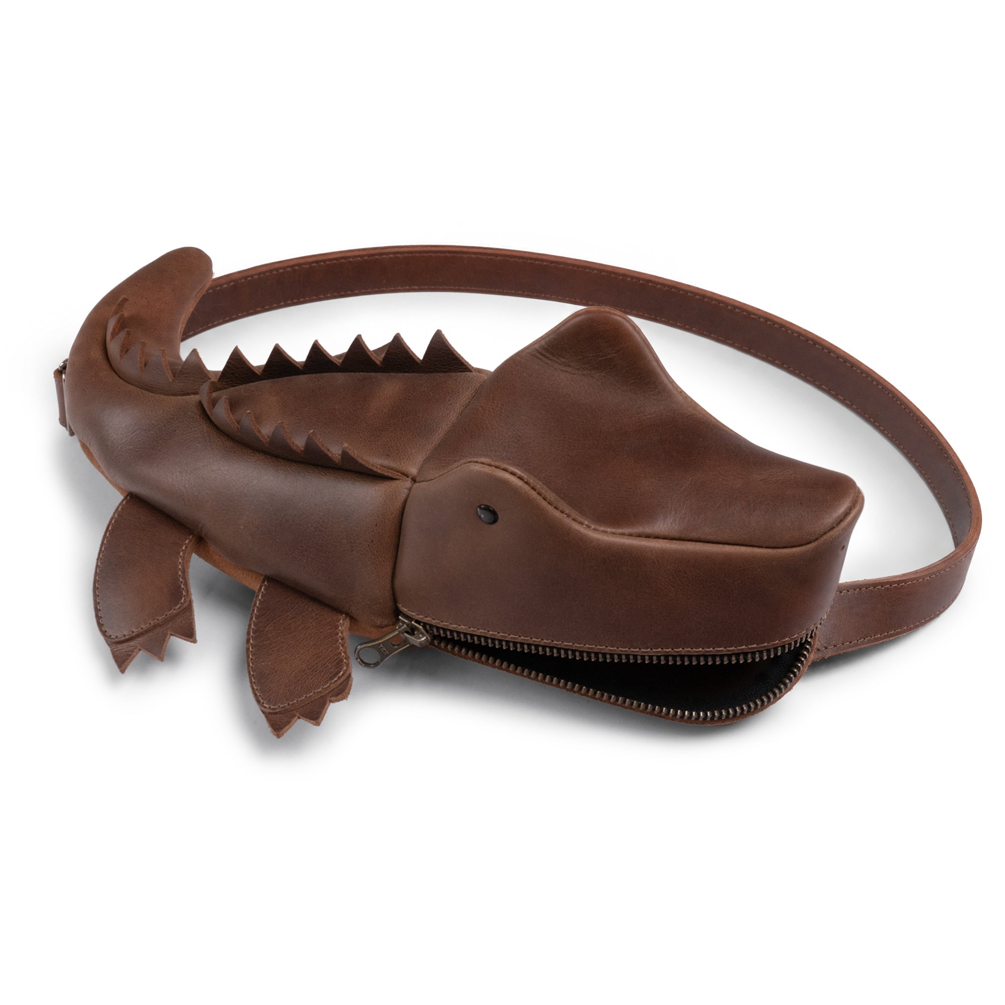Crocodile-Shaped Crossbody by Tudi Frudi showcasing a unique Gator-Shaped Sling Bag with Adjustable Strap. This Crossbody Purse highlights its Full Grain Leather craftsmanship, perfect for those who value Small Batch Production and Artisan quality, handmade in La Antigua Guatemala & Oaxaca Mexico.