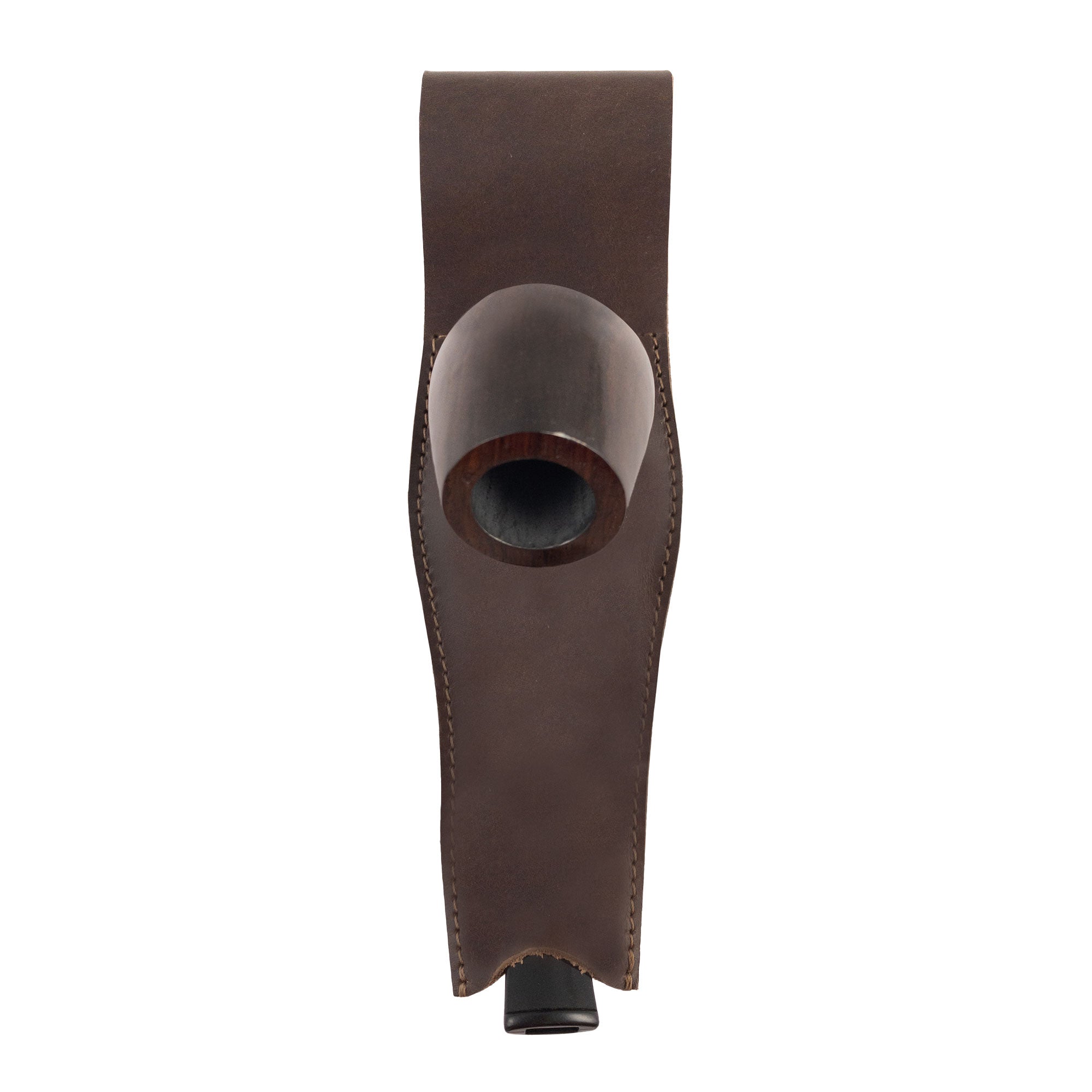 Front view of the La Antigua Pipe Case, a rustic pipe holder with a belt loop made from full grain leather. This waist case is a travel accessory designed for easy access, showcasing its artisan craftsmanship from Guatemala. The image highlights the handmade quality with features like being hand cut, hand sewn, and fire branded.