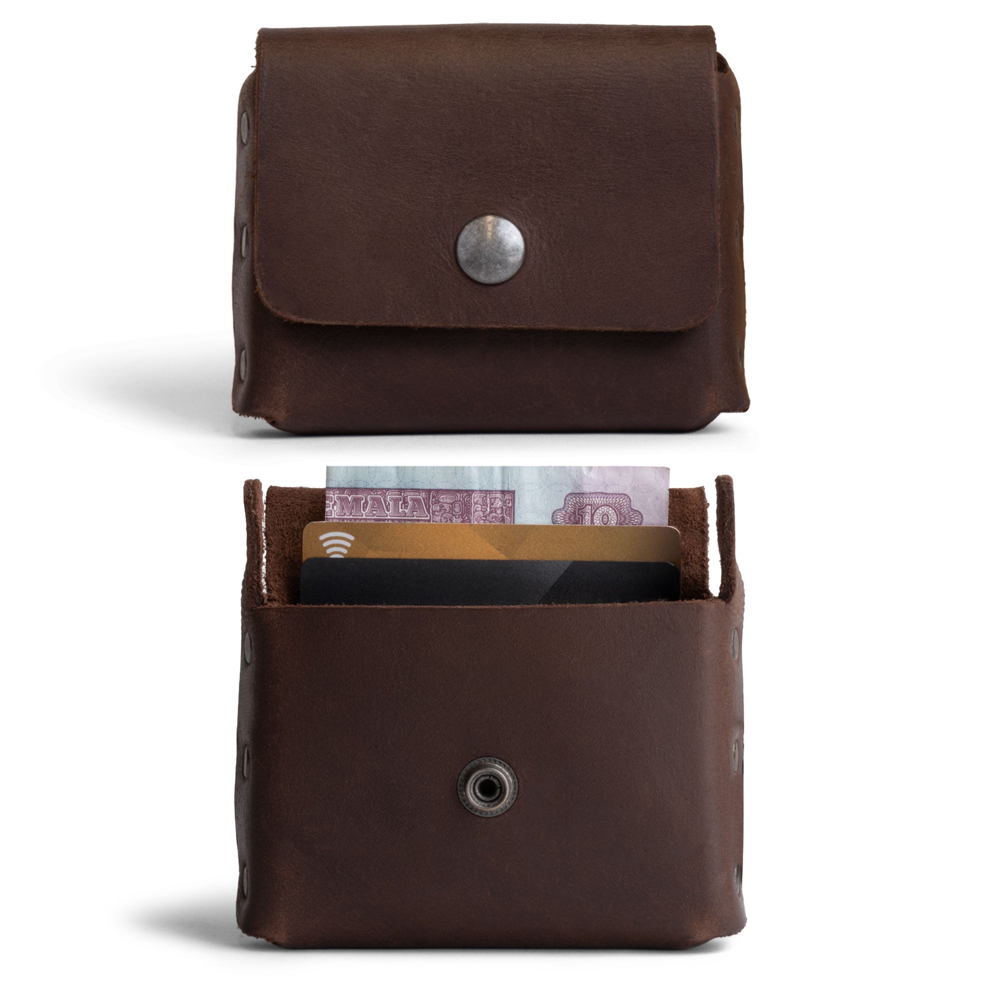 Hide & Drink Horizontal Waist Wallet made of thick full grain leather, featuring a riveted design, holds up to 12 cards plus folded bills and has a coin holder organizer. This artisan wallet is handmade in La Antigua Guatemala & Oaxaca Mexico, ensuring quality through small batch production, hand cutting, and hand sewing.