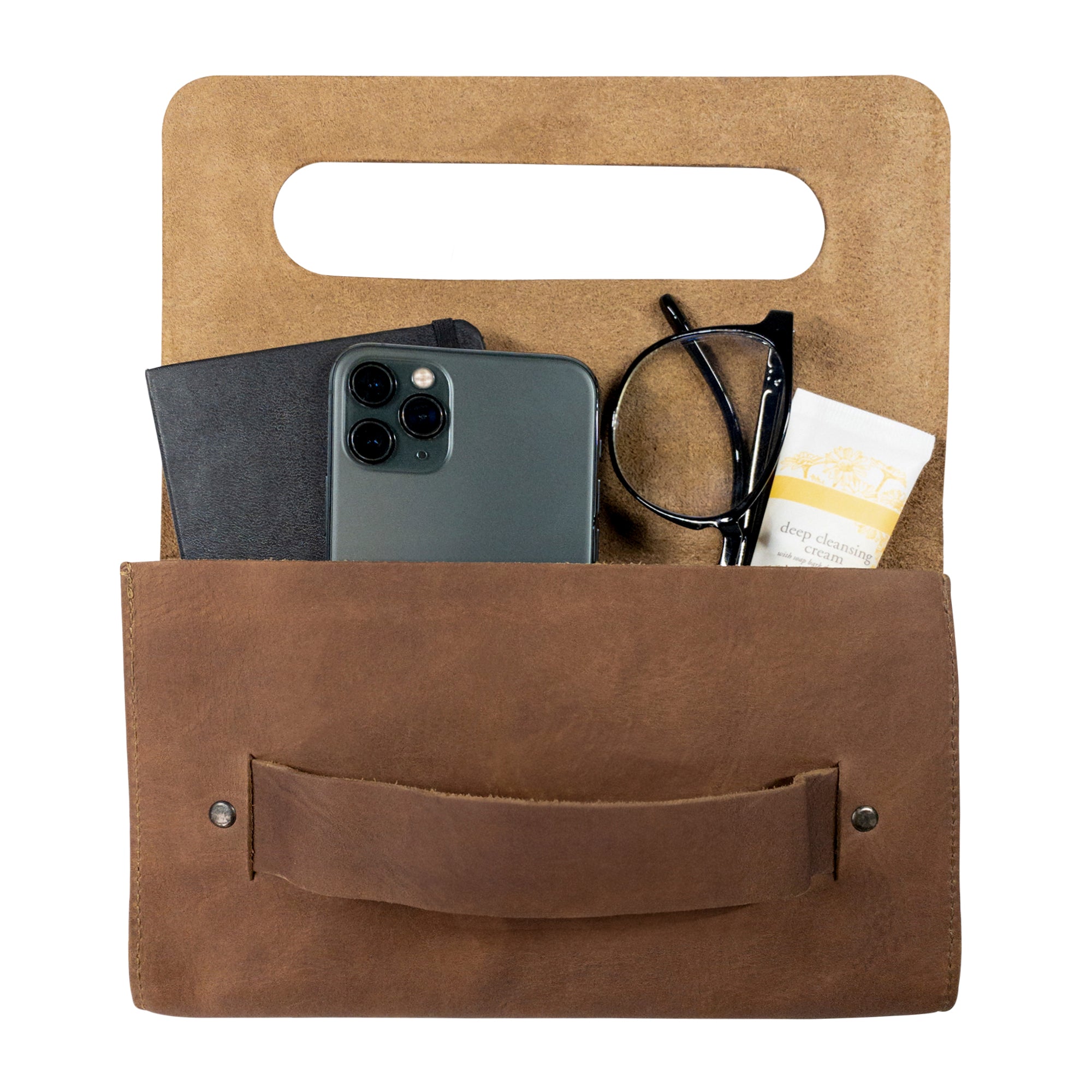 Interior view of the brown Clutch Bag With Handle from Hide & Drink, featuring an organized space for essentials. This Full Grain Leather Clutch Bag with Handle is ideal for women, handmade with skill in La Antigua Guatemala & Oaxaca Mexico.