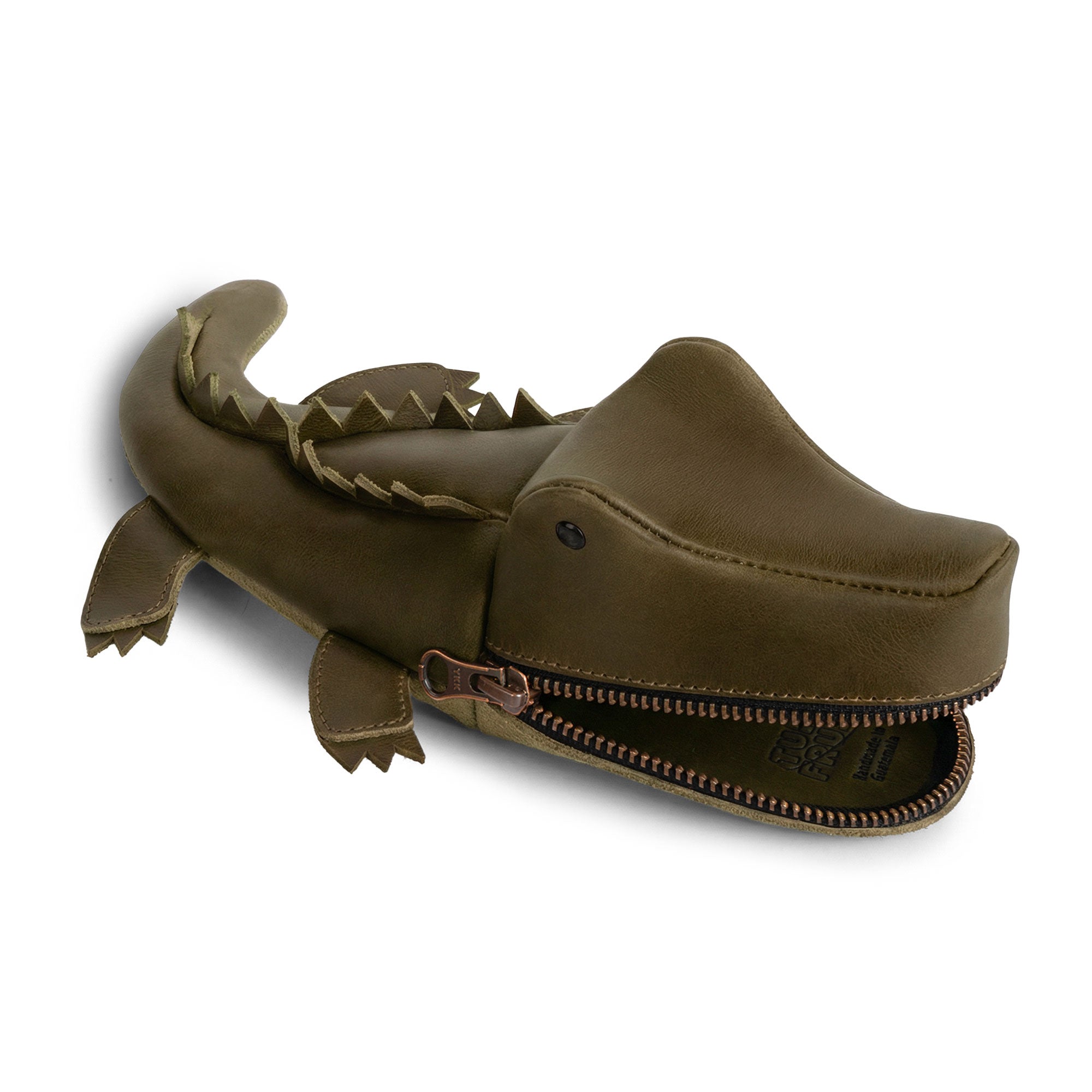 Gator Leather Pouch by Tudi Frudi, showcasing its unique crocodile-shape, perfect as an alligator-shaped coin purse or scissors case. This durable, full grain leather pouch is fire branded and handmade in La Antigua Guatemala and Oaxaca Mexico, representing a commitment to artisan craftsmanship.