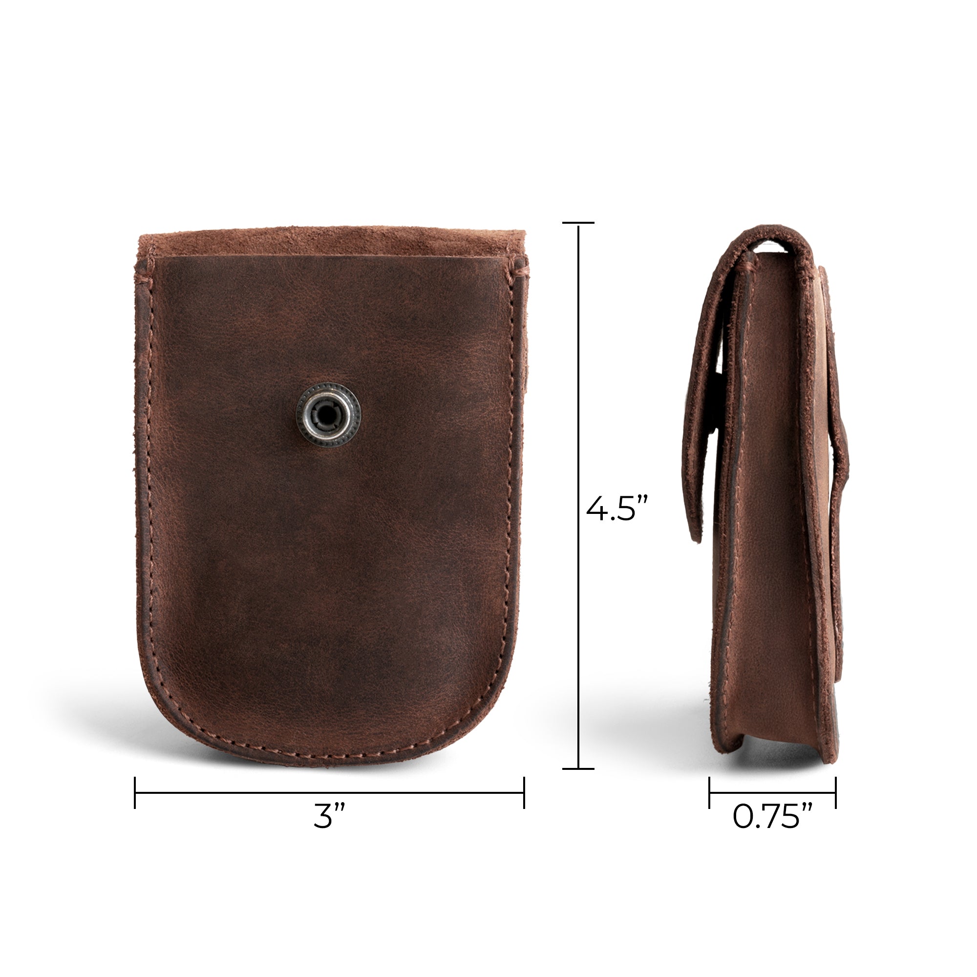 Dimensions of the Holster Pouch from Hide & Drink demonstrated, showcasing its compact size. This full grain leather pouch is handmade and perfect for everyday carry of small items. Artisan crafted in La Antigua Guatemala.