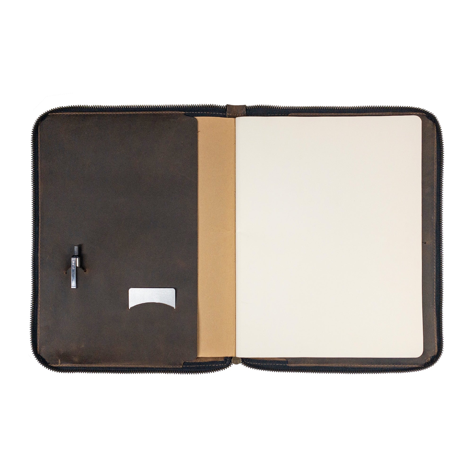 Interior layout of Hide & Drink Zippered Journal Cover for Moleskine (Notebook NOT Included), with storage for notes and cards, exuding functionality and artisan charm.