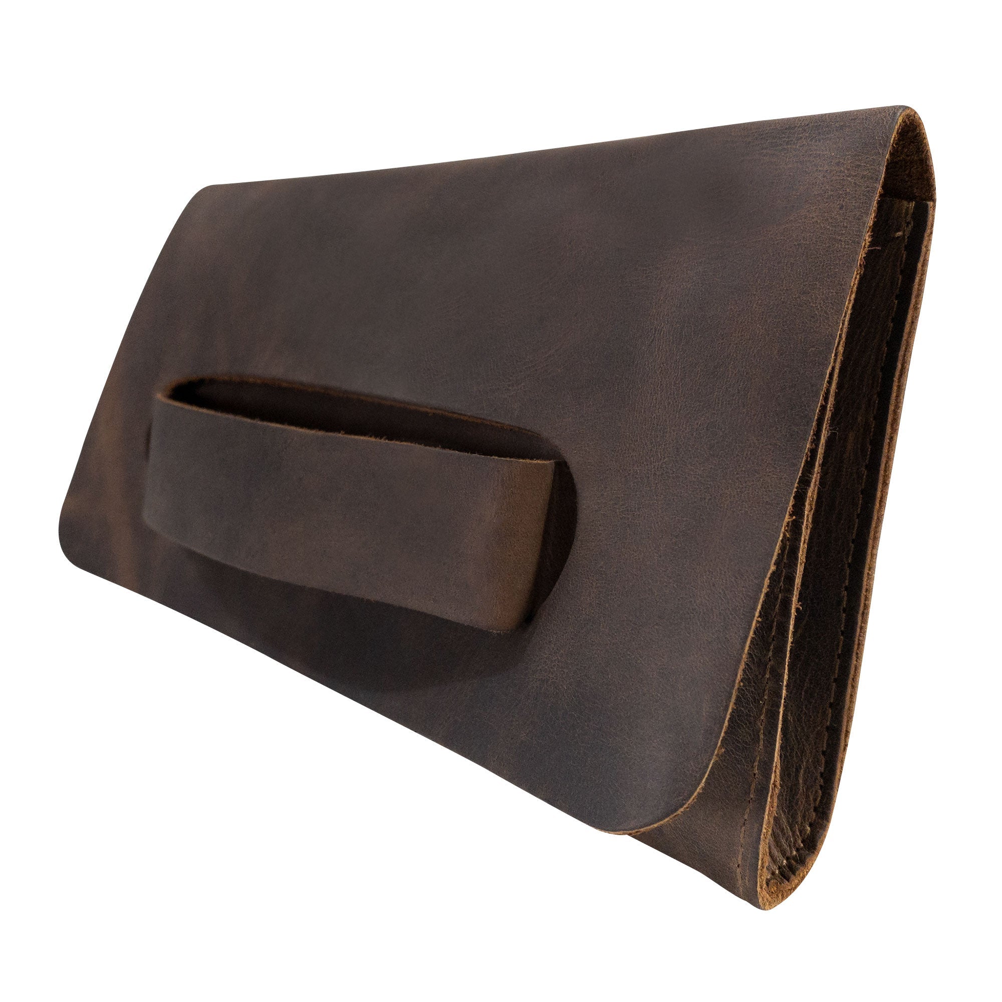 Detailed side view of Hide & Drink's Clutch Bag With Handle, highlighting its Full Grain Leather construction. Ideal for stylish women as a handbag or night bag, featuring an artisanal touch with small batch production, handmade in La Antigua Guatemala & Oaxaca Mexico.