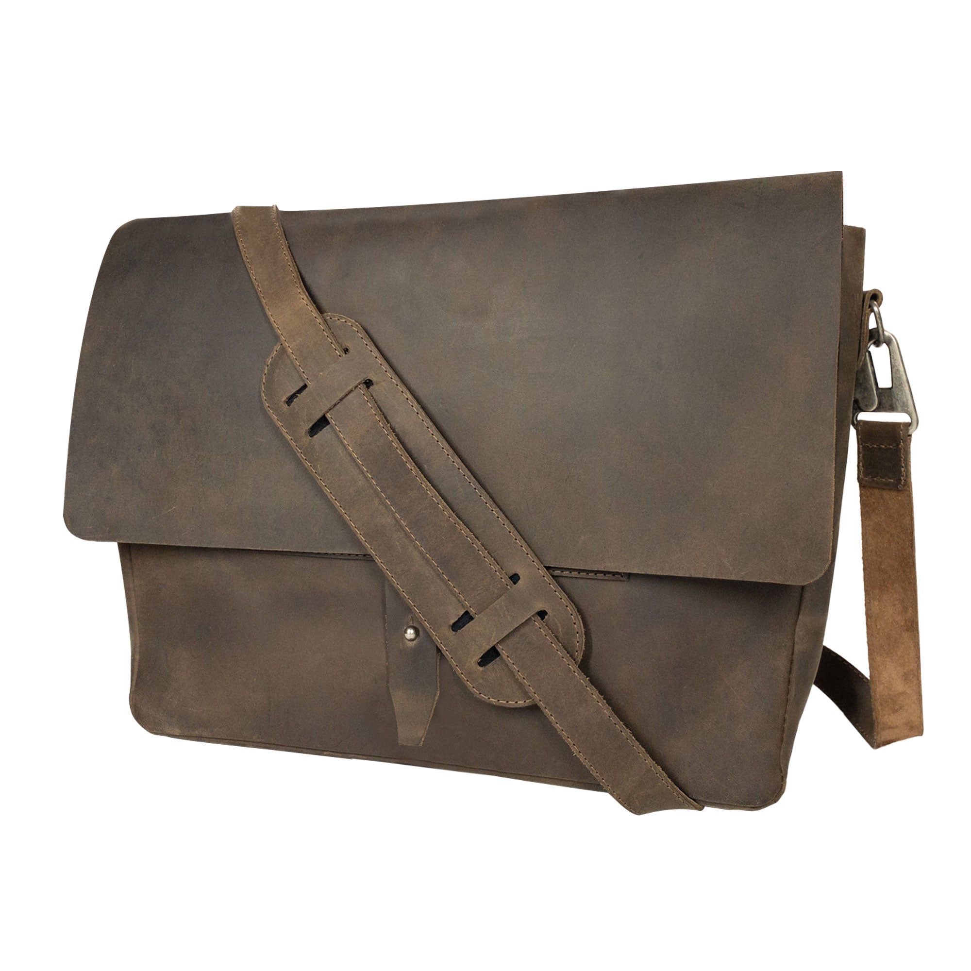 Side view of Hide & Drink's Messenger Bag with Adjustable Strap, emphasizing its stylish design and full grain leather finish. Perfect as a classic portfolio or a travel accessory, this messenger bag features small batch production with hand cut and hand sewn artistry. Handmade in La Antigua Guatemala & Oaxaca Mexico.