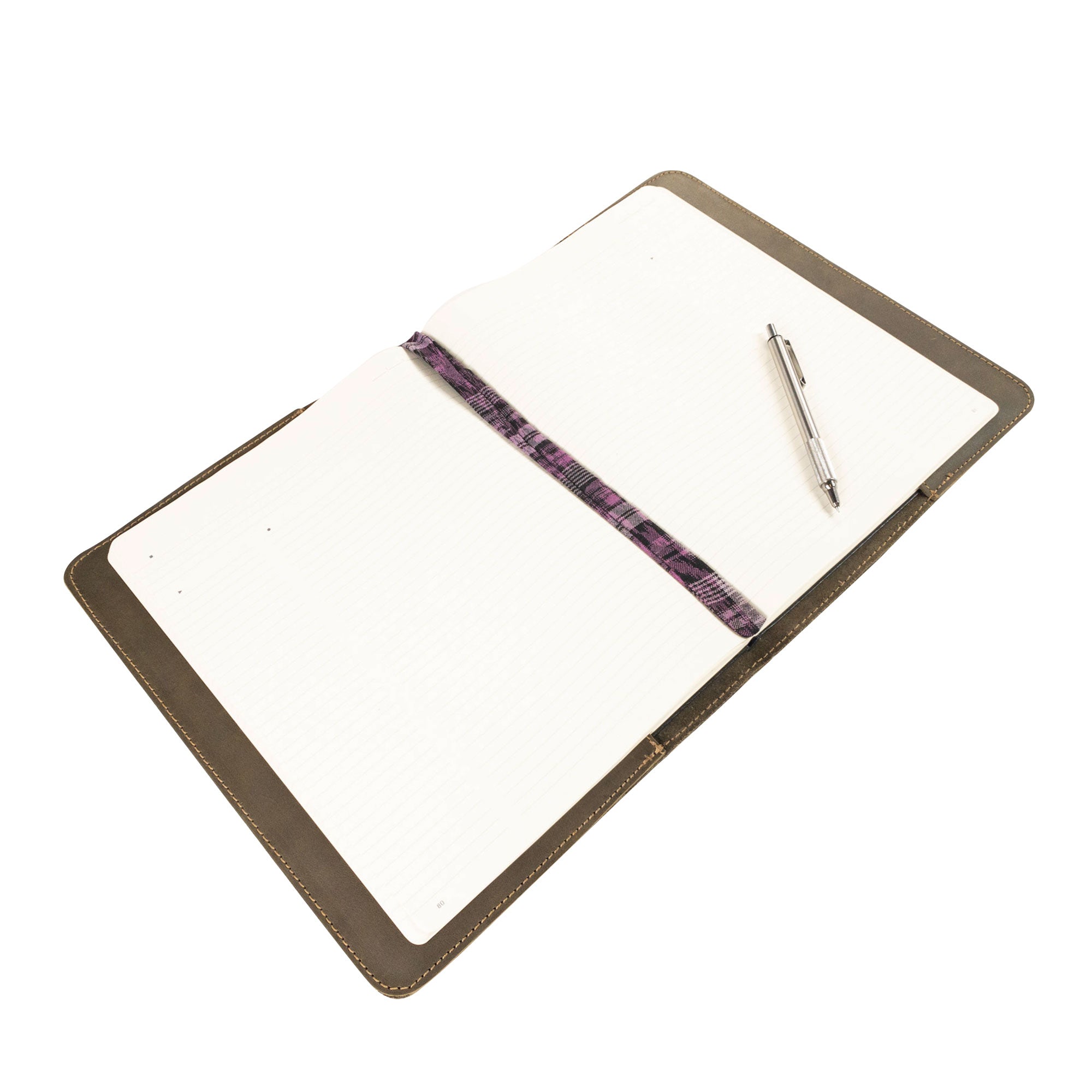 Detailed features of the Journal Cover for (8.5 x 11 in.) Moleskine Cahier XXL by Hide & Drink, revealing its artfully designed full grain leather. A perfect marriage of form and function, crafted in La Antigua Guatemala & Oaxaca Mexico.