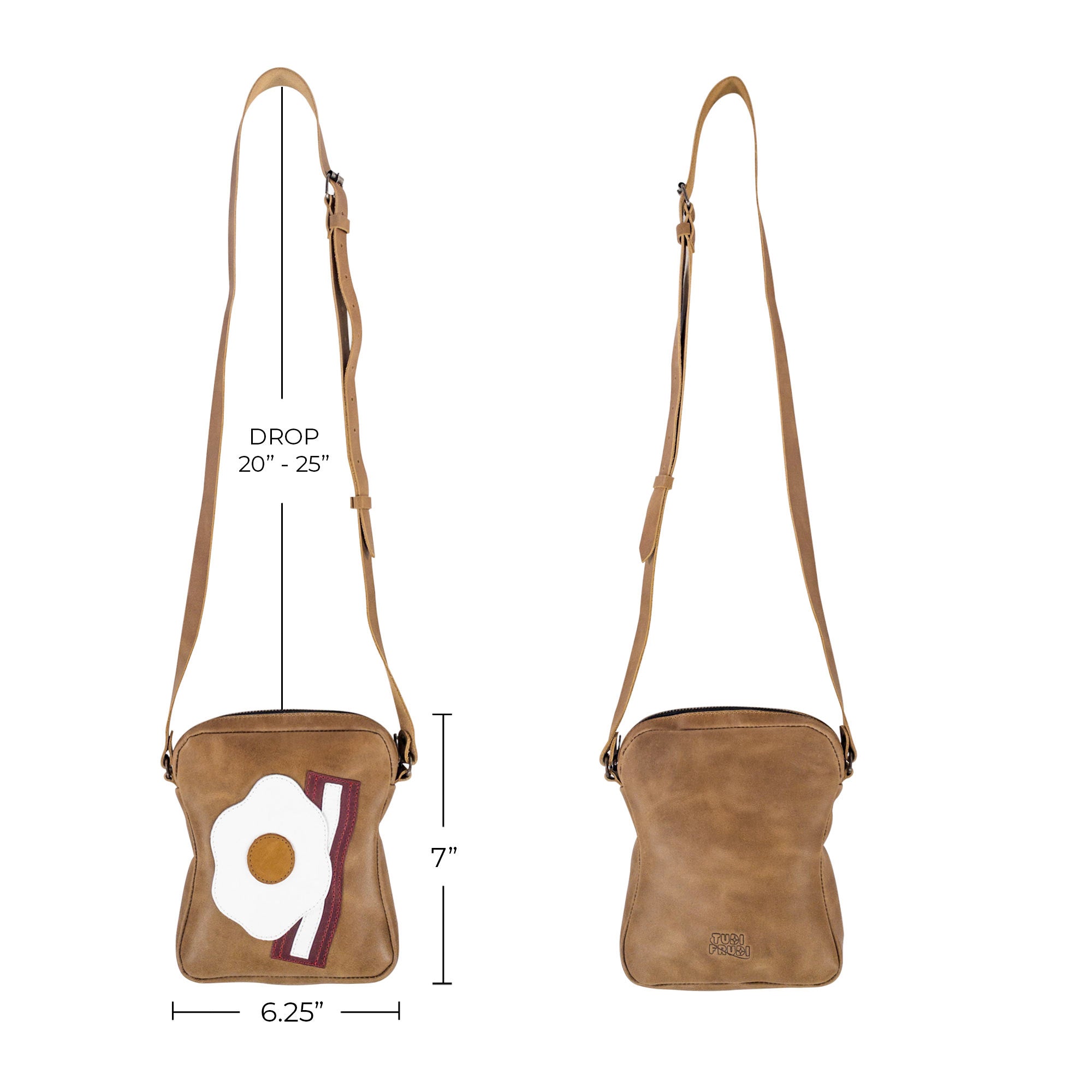 Dimensions and styling details of the Egg and Bacon Sandwich-Shaped Shoulder Bag by Tudi Frudi, showcasing its perfect size and versatility as a Handbag, Crossbody Bag, or Messenger Bag. Crafted from Full Grain Leather with a focus on artisan craftsmanship, Handmade in La Antigua Guatemala & Oaxaca Mexico.