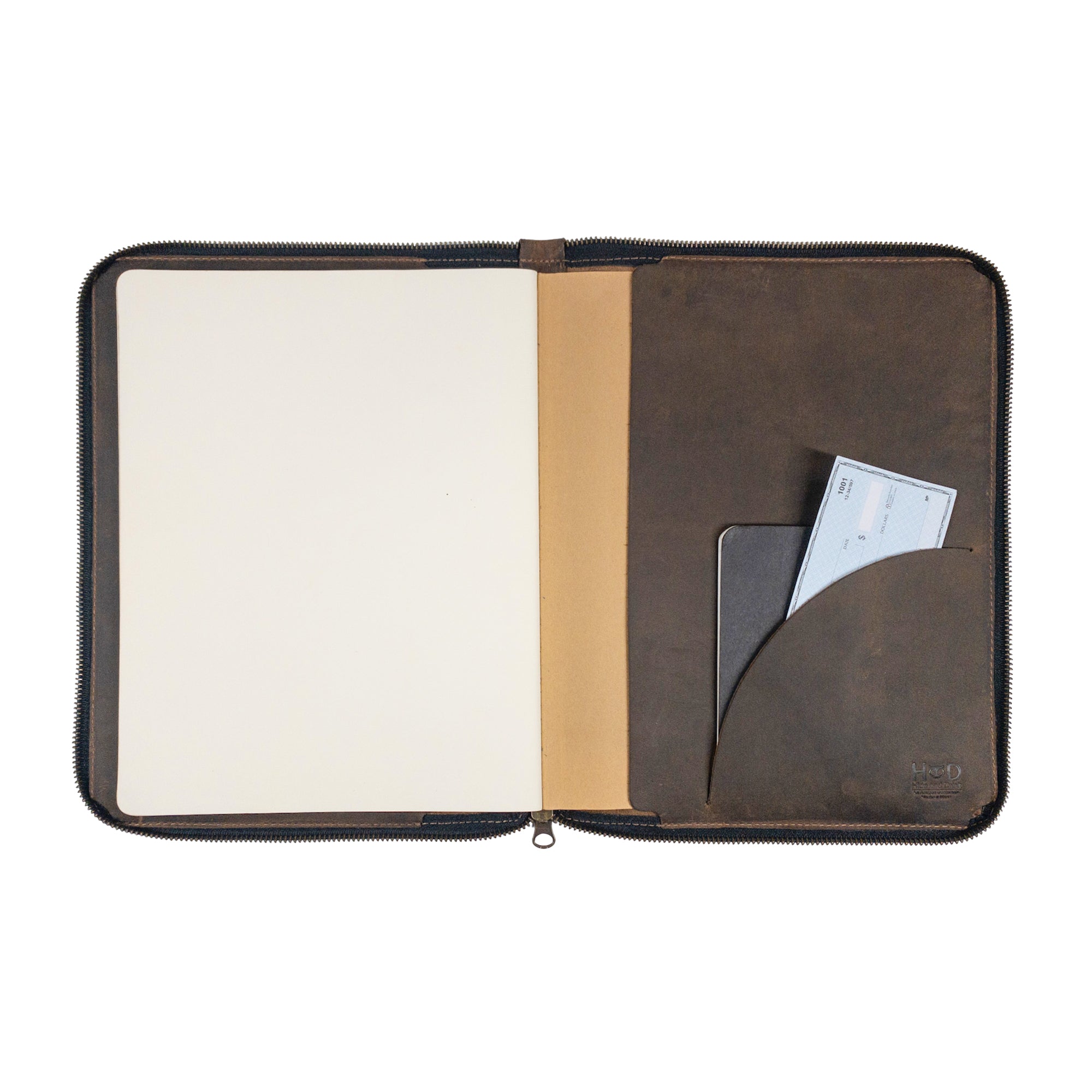 Hide & Drink Zippered Journal Cover for Moleskine (Notebook NOT Included) displayed with writing tools, showcasing its functional design and durable craftsmanship.