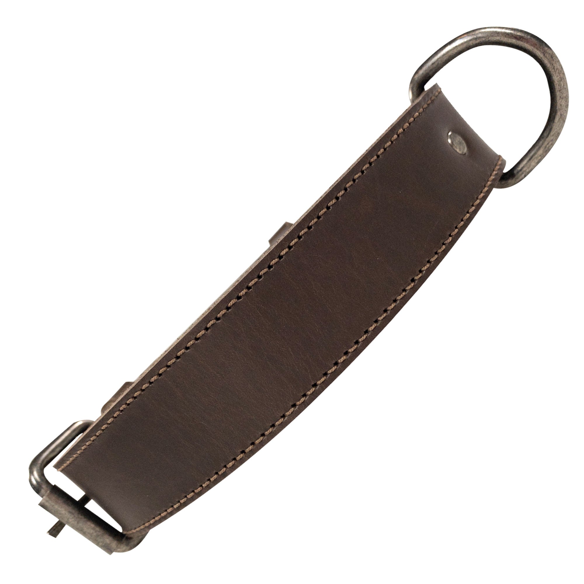 Close-up view of the Classic Dog Collar by Taco Dog adorned with a stylish buckle, made from durable full grain leather. This adjustable collar serves as a great outdoor accessory for pets, made with artisan production techniques. Classic Dog Collar 1.25" Wide, ensuring style and durability.