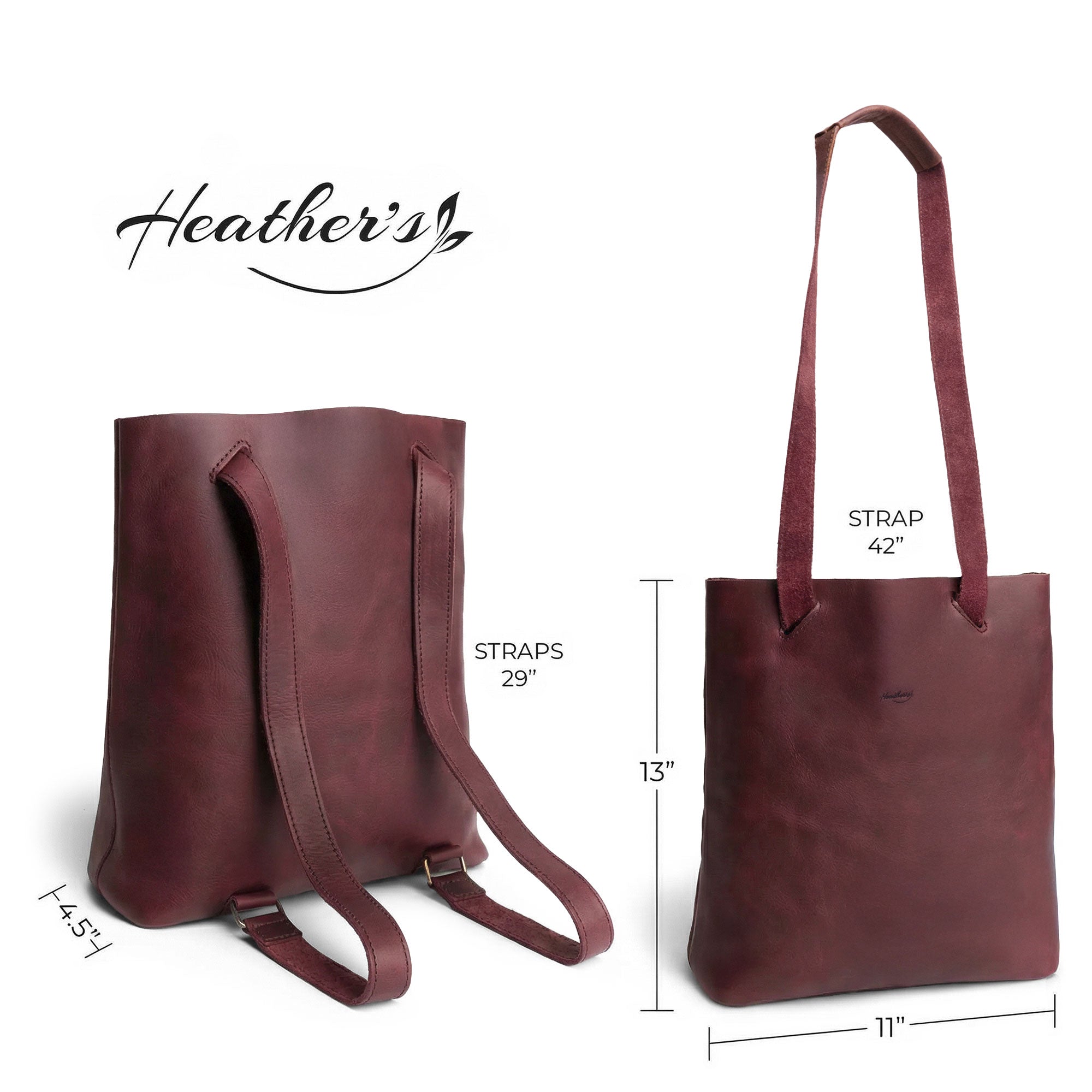Heather's Convertible Backpack to Shoulder Bag displayed with its dimensions, emphasizing its practical design. This spacious crossbody for women is made from Full Grain Leather, crafted through small batch production methods that showcase hand cut, hand sewn, and fire branded artistry. Handmade in La Antigua Guatemala & Oaxaca Mexico.
