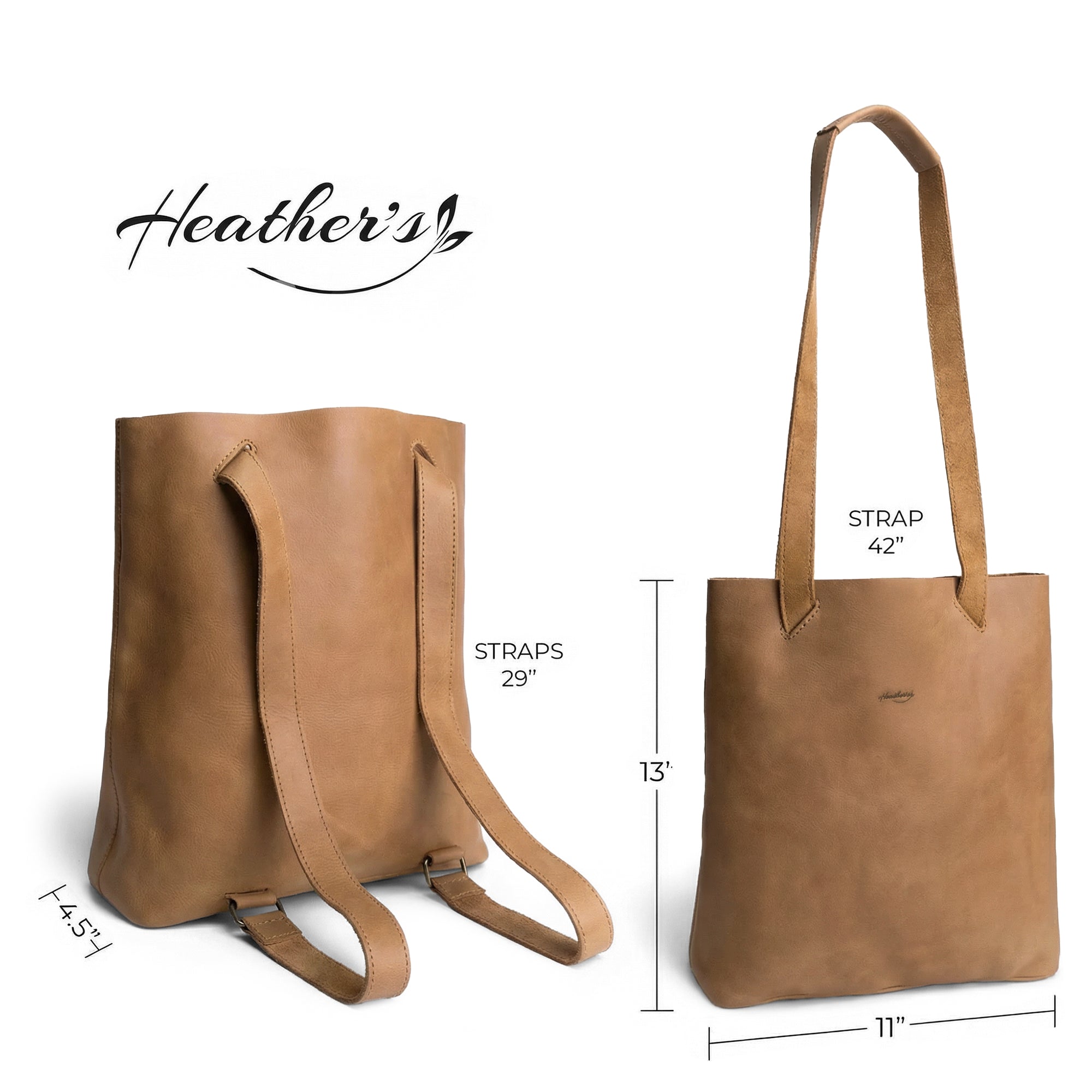 Heather's Convertible Backpack to Shoulder Bag presented with measurements, illustrating its versatile design. This spacious crossbody for women is a squared purse made from Full Grain Leather. Artisan-crafted and handmade in La Antigua Guatemala and Oaxaca Mexico, it emphasizes small batch production with hand cut, hand sewn, and fire branded features.