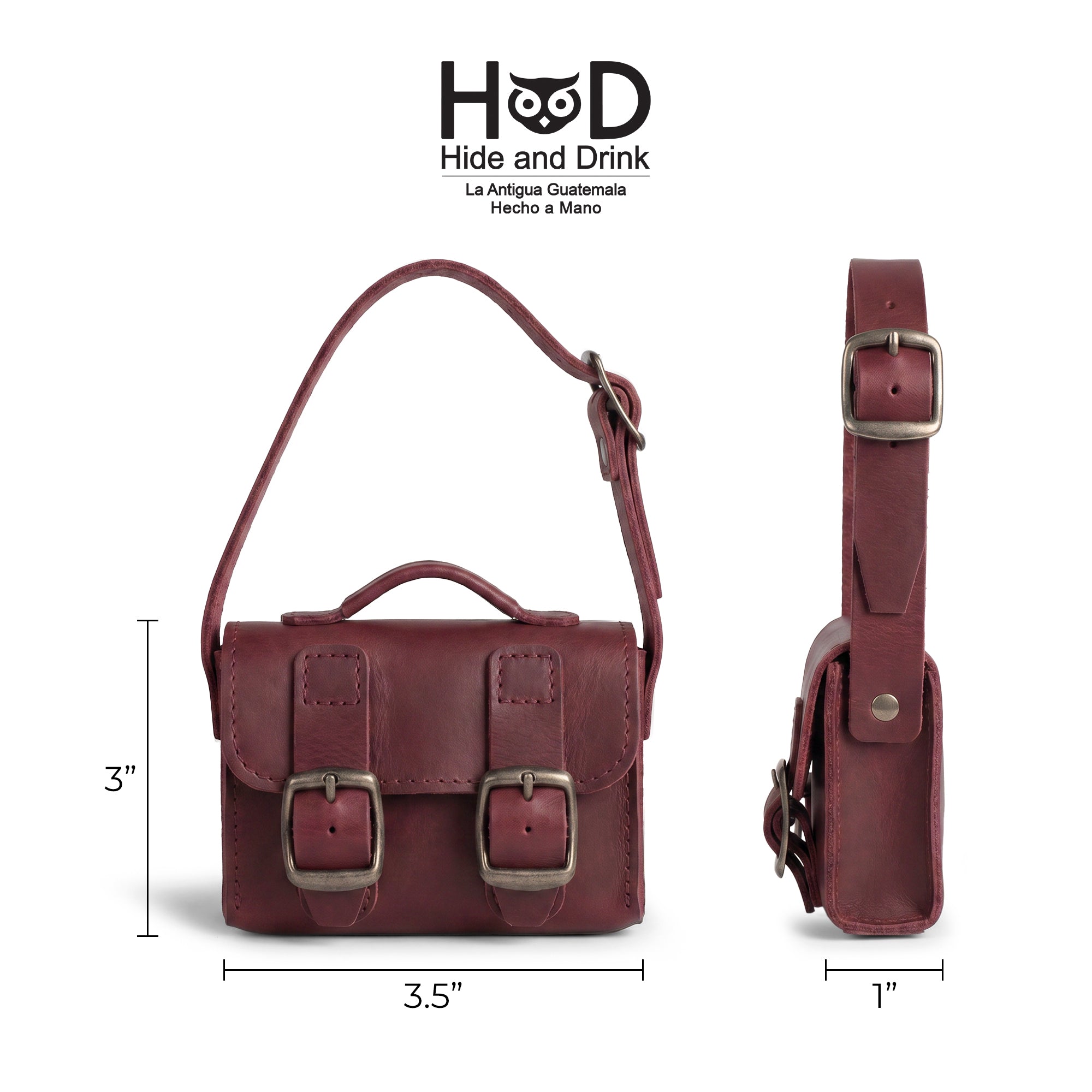 Size dimensions of the burgundy Tiny Messenger Bag by Hide & Drink, measuring 3.5 by 3 inches. This Mini Messenger Bag Charm crafted from Full Grain Leather is perfect for attaching to handbags or as a keychain, embodying the artisan spirit of La Antigua Guatemala.