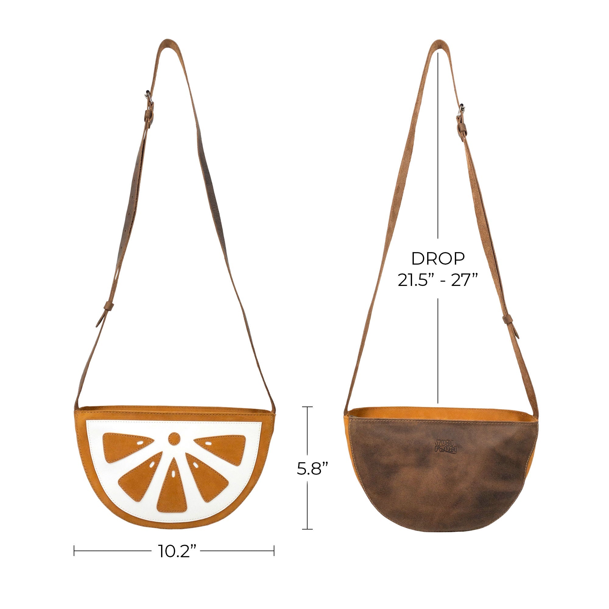 Dimensions comparison of the Lemon-Shaped Shoulder Bag by Tudi Frudi, illustrating size suitability. This Lemon-Shaped Shoulder Bag with Adjustable Strap is versatile as a Messenger Bag and Vintage Purse. Constructed from durable Full Grain Leather, it's a product of Small Batch Production, featuring hand cut and hand sewn craftsmanship by artisans in La Antigua Guatemala & Oaxaca Mexico.