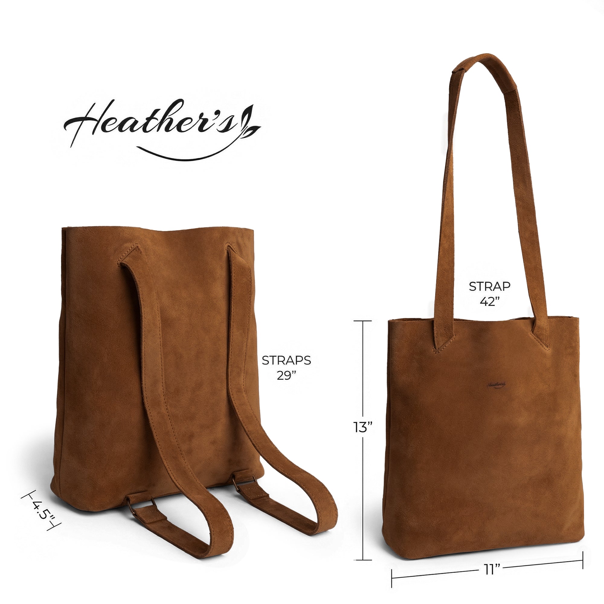 Measurement image of the Convertible Backpack to Shoulder Bag by Heather's, detailing dimensions and strap lengths. This versatile bag serves as a chic crossbody for women, constructed from Full Grain Leather for durability. Each piece is crafted through small batch production, emphasizing hand cut, hand sewn, and fire branded elements, made by artisans in La Antigua Guatemala & Oaxaca Mexico.