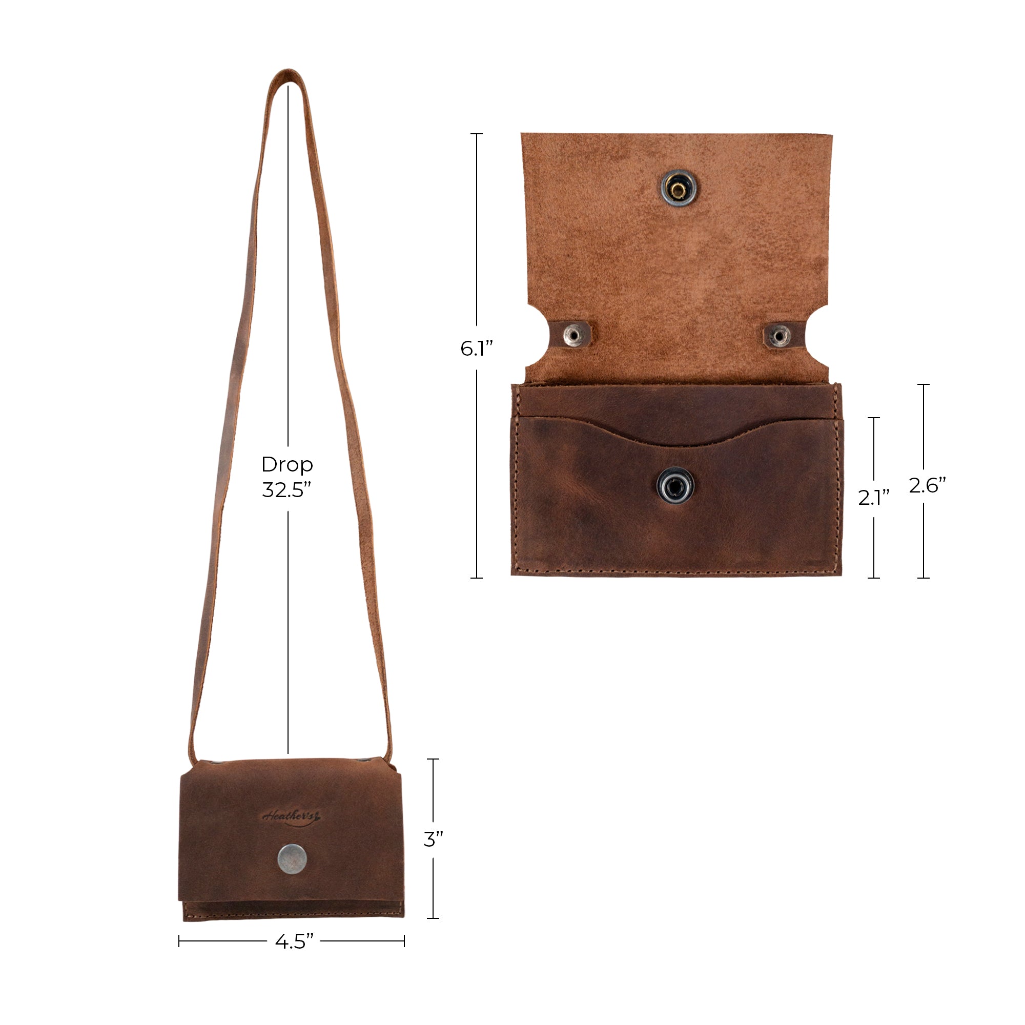 Heather's Mini Purse Wallet presented with care instructions and tags, emphasizing its artisan quality. This lightweight Mini Wallet Purse with Strap provides excellent ID storage and is a perfect money organizer, made from premium full grain leather, showcasing small batch production and handcrafting techniques from La Antigua Guatemala.