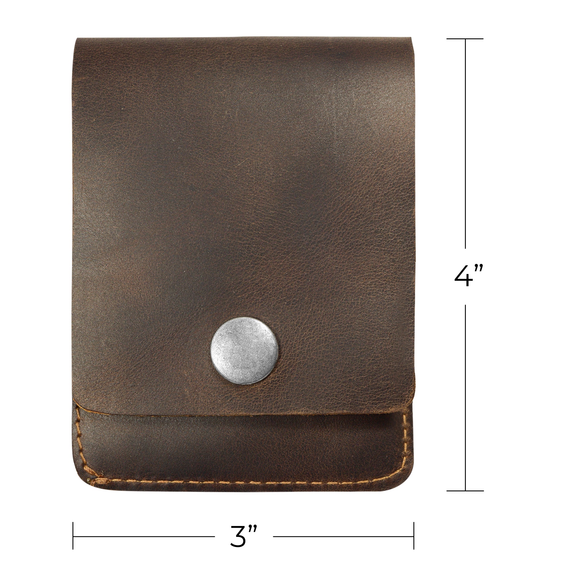 Dimensions view of the Vertical Wallet by Hide & Drink, illustrating its practicality for front pockets. This Vertical Front Pocket Wallet with Card Slot provides compact storage for bills and is a stylish card holder, crafted from full grain leather using small batch production methods with hand cut and hand sewn elements, fire branded by artisans. Handmade in La Antigua Guatemala & Oaxaca Mexico.