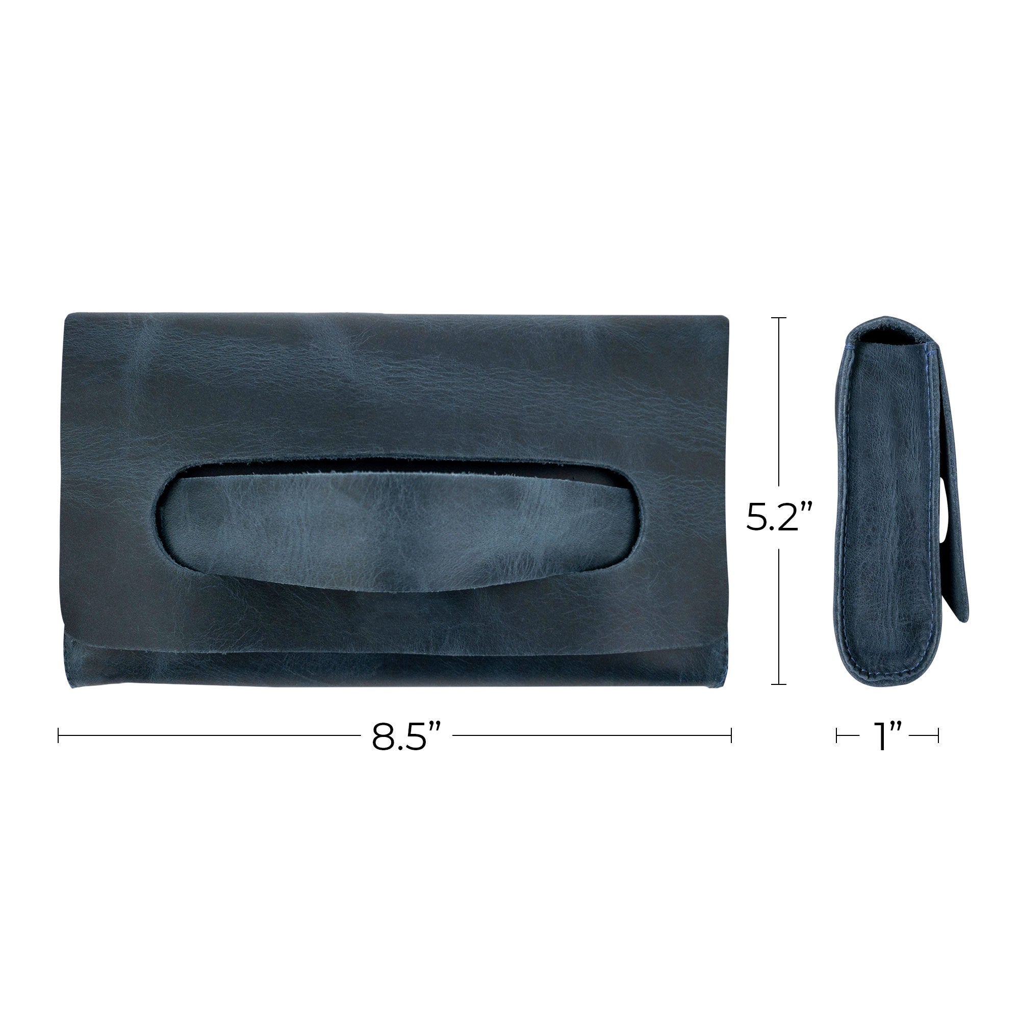 Dimensions of the navy Clutch Bag With Handle by Hide & Drink, showcasing its elegant design. This Full Grain Leather Clutch Bag with Handle is an ideal handbag for women, lovingly made in La Antigua Guatemala & Oaxaca Mexico.