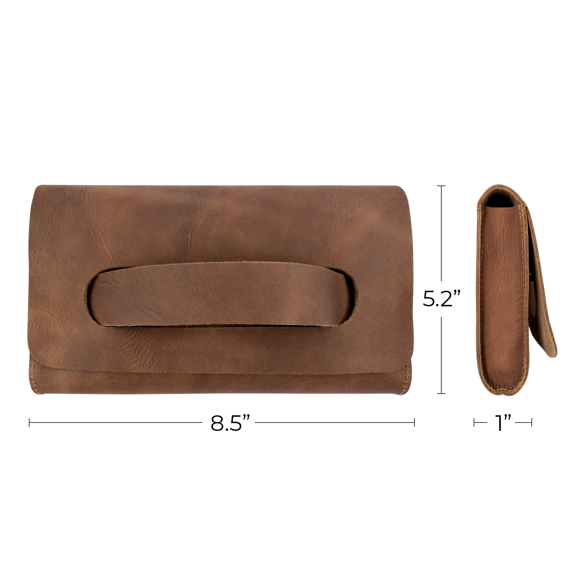 Dimensions of the brown Clutch Bag With Handle by Hide & Drink, showcasing its chic profile. This Full Grain Leather Clutch Bag with Handle is ideal as a handbag or night bag for women, lovingly made in Guatemala and Mexico.