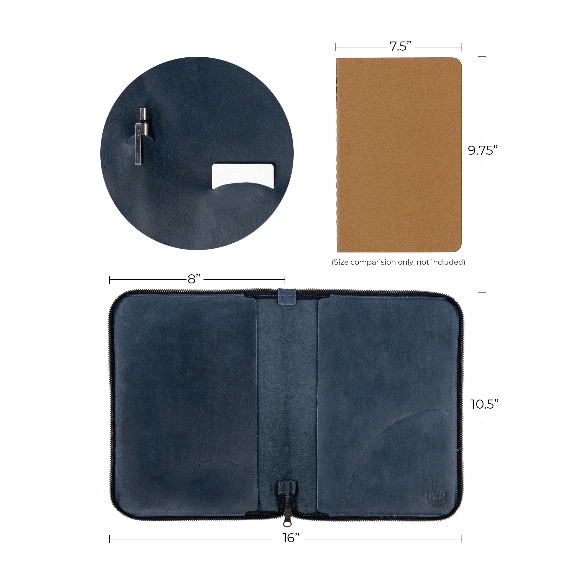 Detailed profile of Hide & Drink Zippered Journal Cover for Moleskine (Notebook NOT Included) in vibrant blue leather, emphasizing its artisanal design.