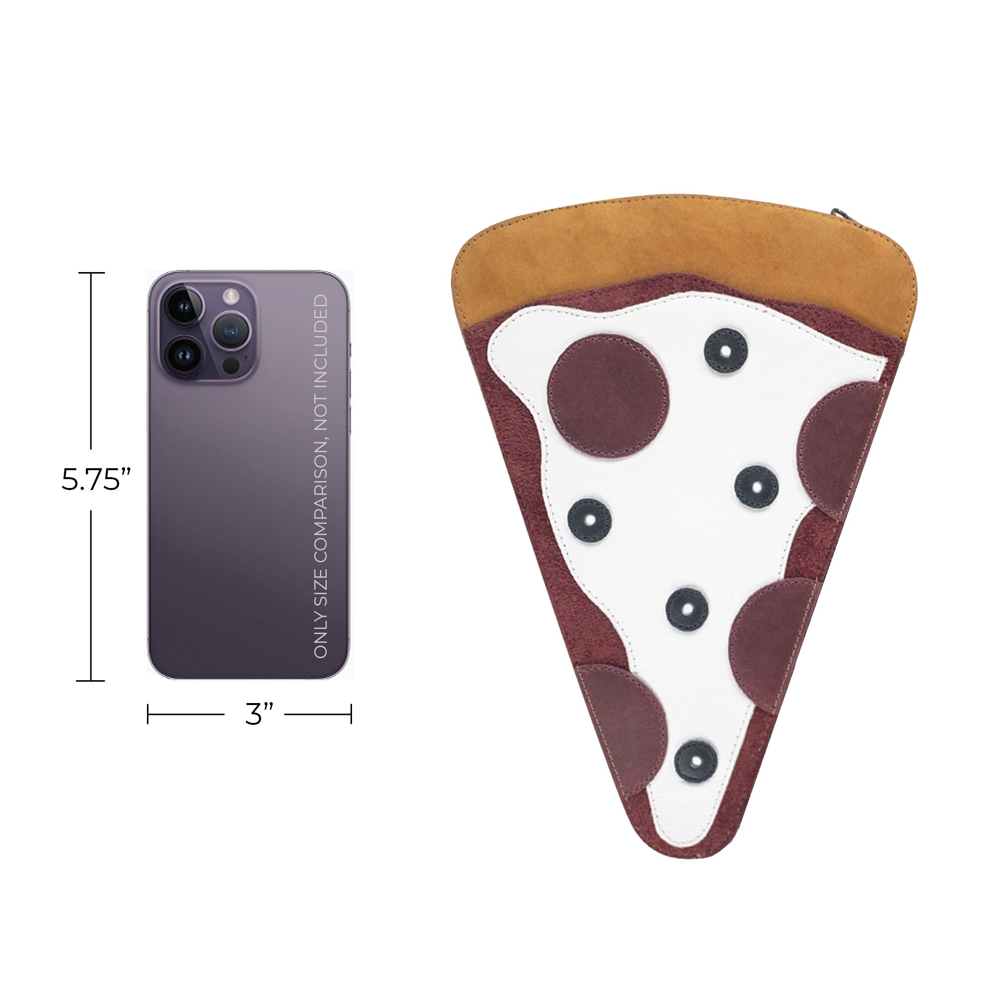 Size comparison of the Pizza Slice-Shaped Shoulder Bag by Tudi Frudi alongside a phone, demonstrating its practical size. Made from Full Grain Leather, this handmade crossbody bag is a reflection of artisan craftsmanship and fire branding.