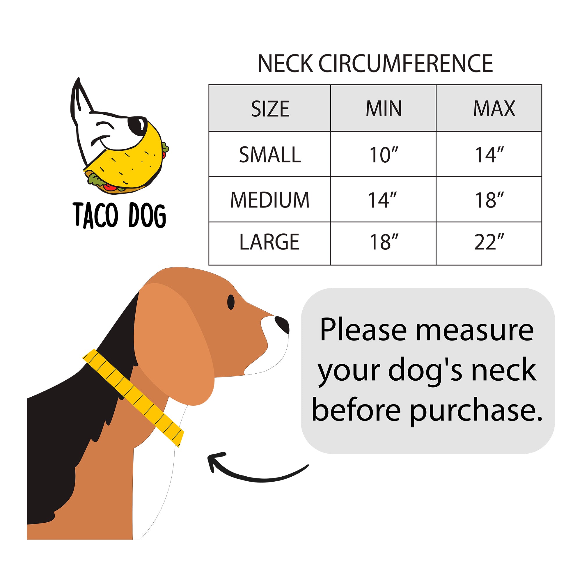 Measurement guide for the Classic Dog Collar by Taco Dog, demonstrating the appropriate sizes for various dog breeds. An essential outdoor accessory for pets, made from premium full grain leather. Classic Dog Collar 1.25" Wide, artisan crafted to ensure the best fit and comfort.