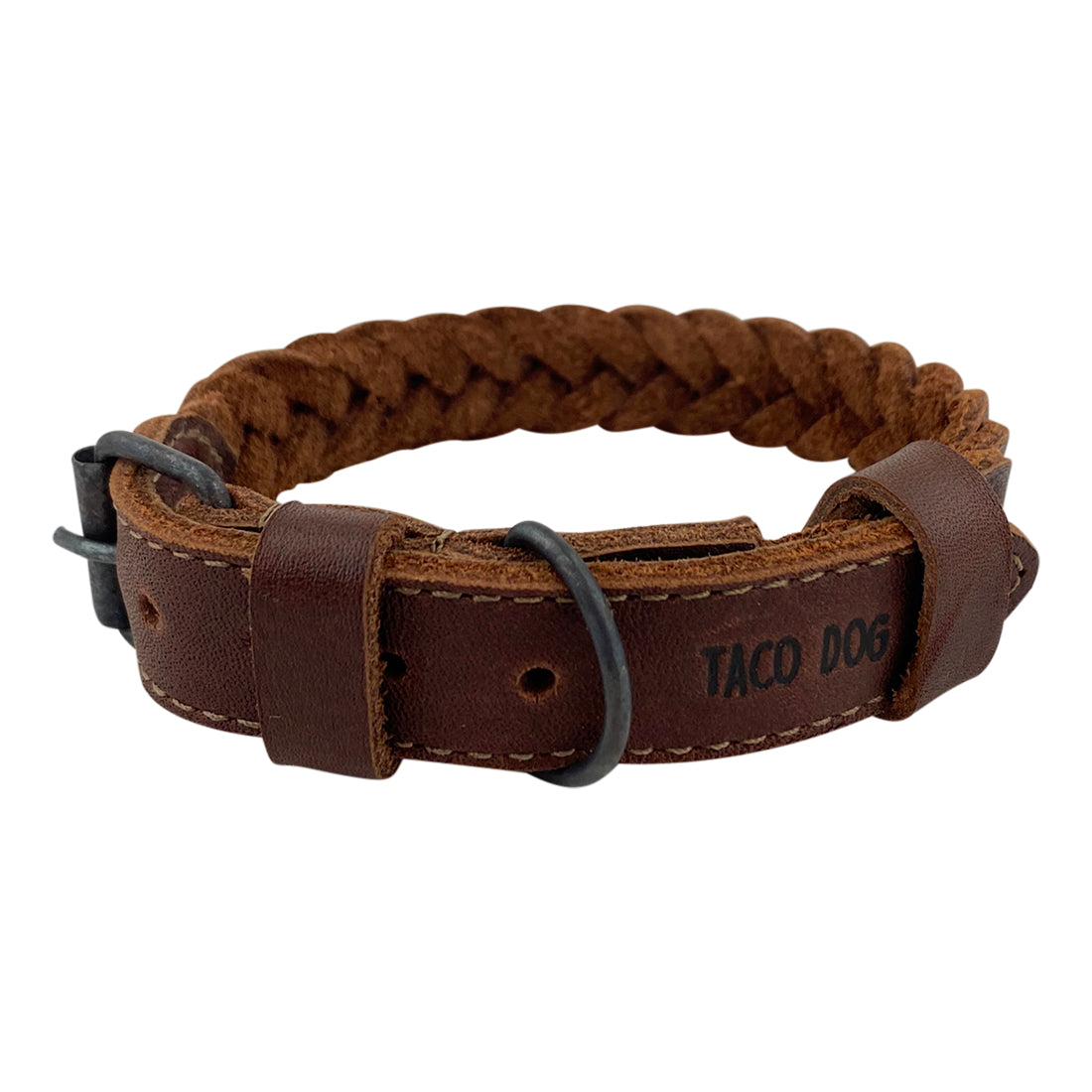 Braided Small Dog Collar from Taco Dog, showcasing a handcrafted design made of full grain leather. This collar features a belt buckle latch for a secure hold, making it perfect for smaller breeds or puppies. Made with soft, durable, and sturdy material, this collar is artisan-crafted in La Antigua Guatemala & Oaxaca Mexico.