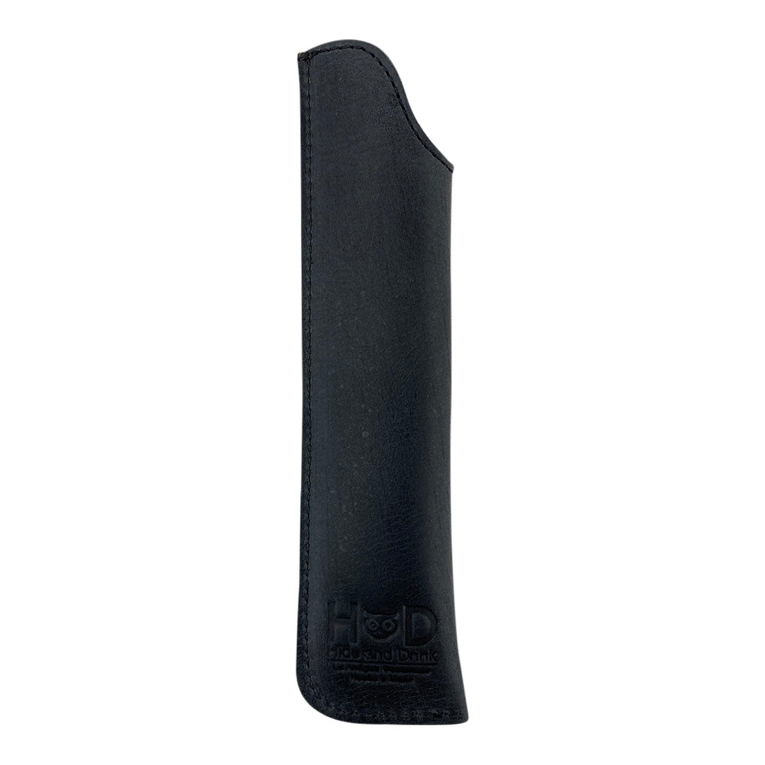 Different angle of the Hide & Drink Vape Pen Sleeve in classic black Full Grain Leather. This hand cut and hand sewn artisan pen case is perfect for stylish vape pen storage. Handmade in La Antigua Guatemala & Oaxaca Mexico, showcasing small batch production and fire branded details.