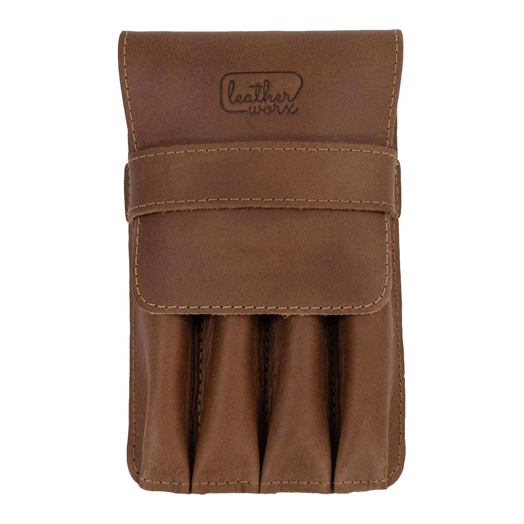 Back view of the Leather Worx 4-Pen Holder in light brown leather, illustrating its durable minimalist design and artistry. This classic storage solution highlights hand sewn craftsmanship, fire branding, and artisanal quality, made in La Antigua Guatemala.