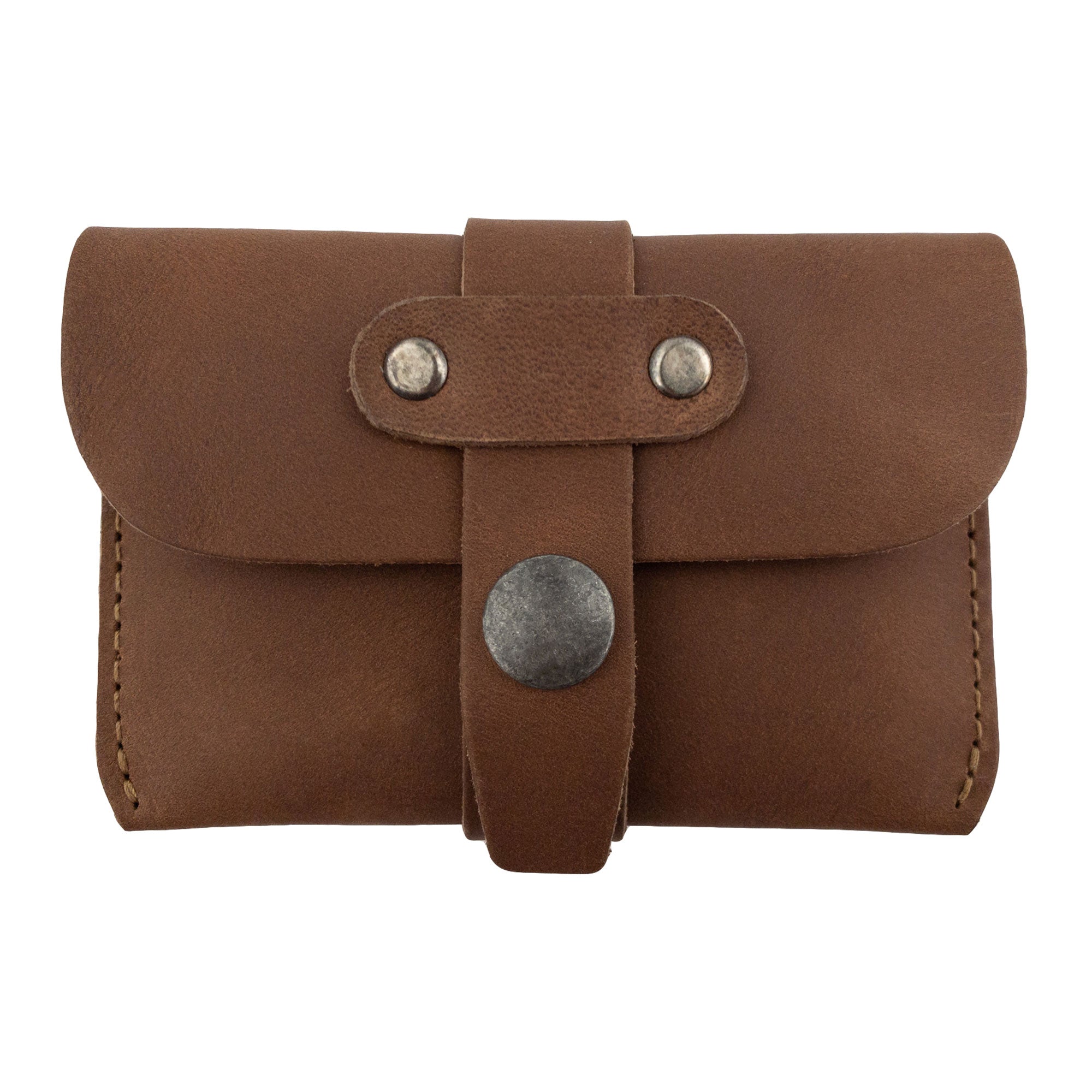 Front view of Hide & Drink's brown Credit Card Holder, reflecting quality craftsmanship from Full Grain Leather. This minimalist wallet is designed for efficient use, showcasing artisan dedication from La Antigua Guatemala.