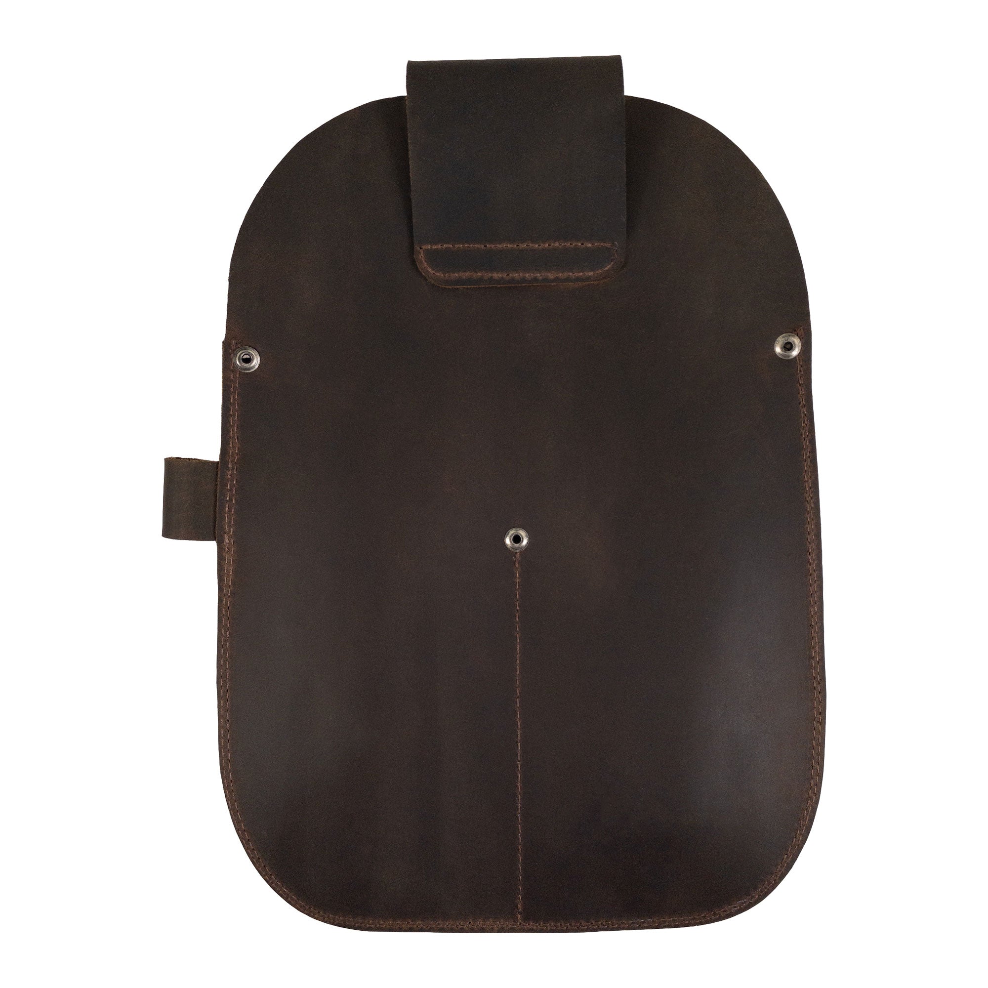 Back view of the Gardening Tool Holder by Toolshed Hide, designed for optimal organization of gardening tools. This durable Gardening Tool Holder is made from full grain leather and showcases small batch production methods, hand cut and sewn details, and fire branded artistry. Handmade in La Antigua Guatemala & Oaxaca Mexico.