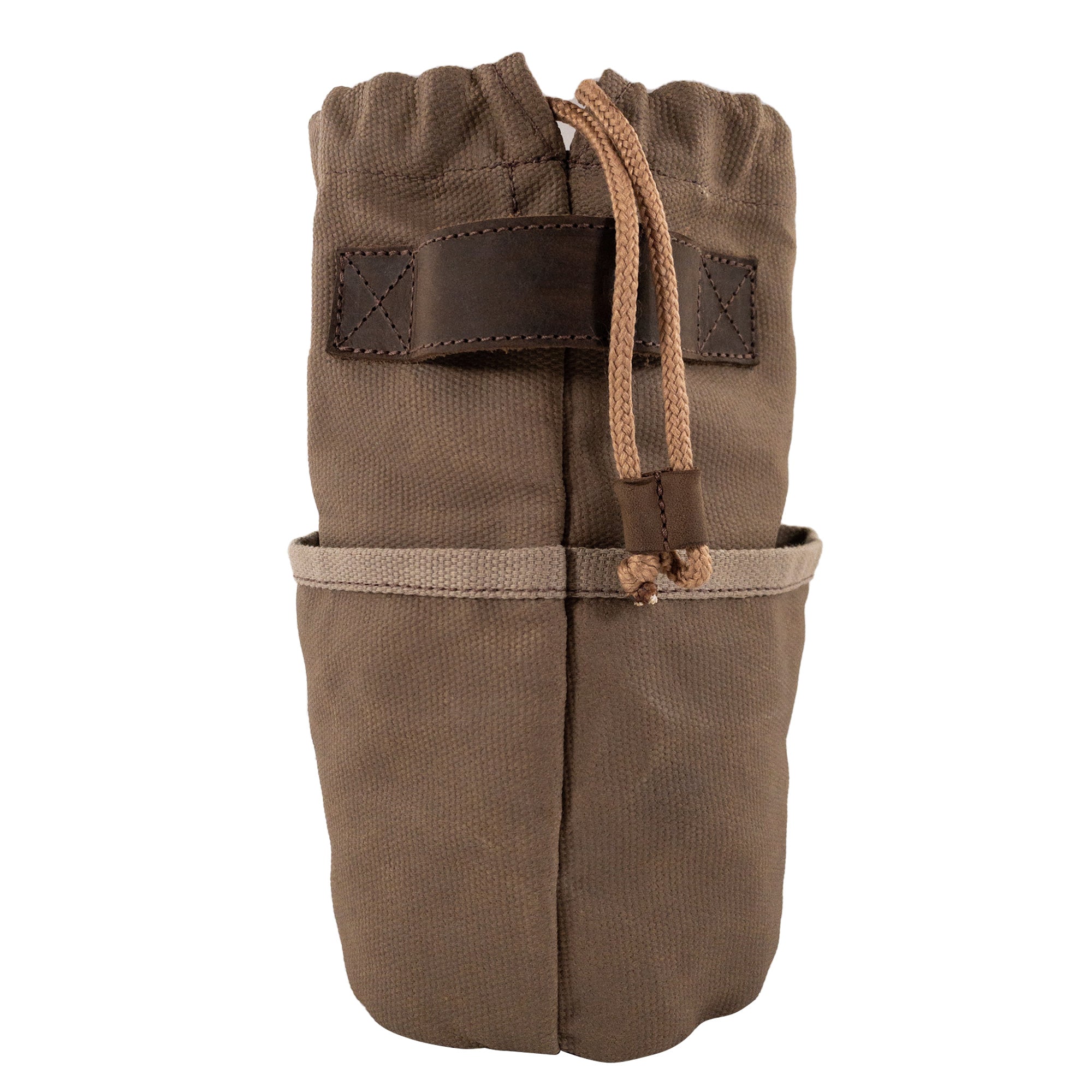 A close-up of the back of the Valhalla Gear Camping Bag for Water Bottle highlighting its strong leather strap and waxed canvas material. This handmade bag is perfect for outdoor activities and includes details reflecting small batch production and artisan techniques.