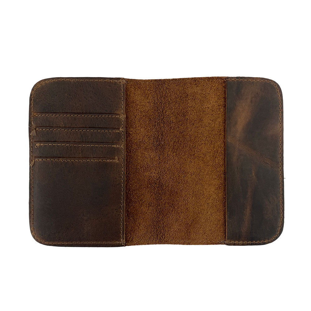 Open view of the Hide & Drink Travel Wallet, demonstrating ample space for cards and documents, ideal as a bifold passport case. This handmade travel wallet features a classic cover, crafted from premium leather, made in La Antigua Guatemala.