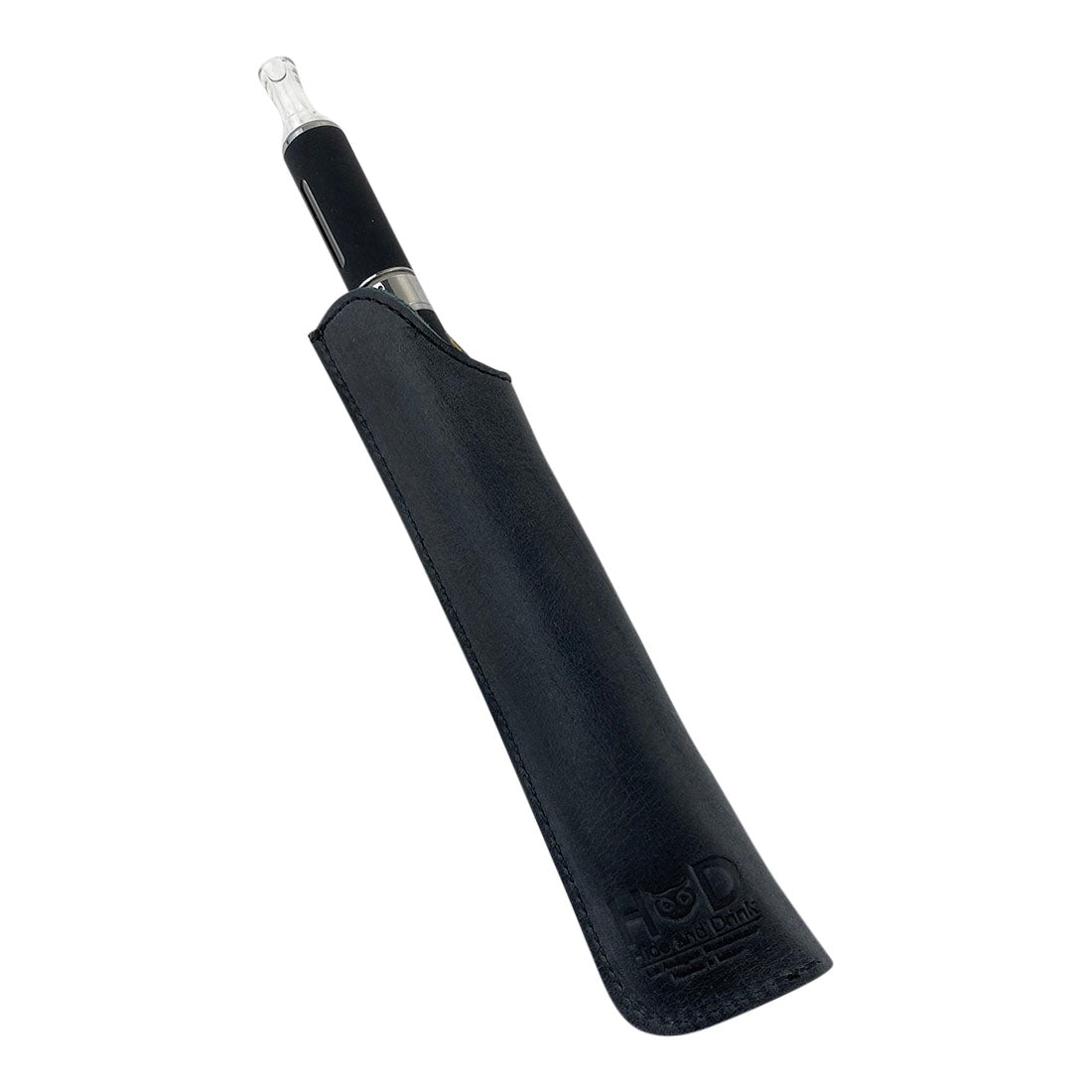 The black Hide & Drink Vape Pen Sleeve fitted with a vape pen, showcasing its elegant Full Grain Leather design. This artisan case is hand cut and hand sewn for optimal quality. Handmade in La Antigua Guatemala & Oaxaca Mexico, ideal for vape pen enthusiasts.