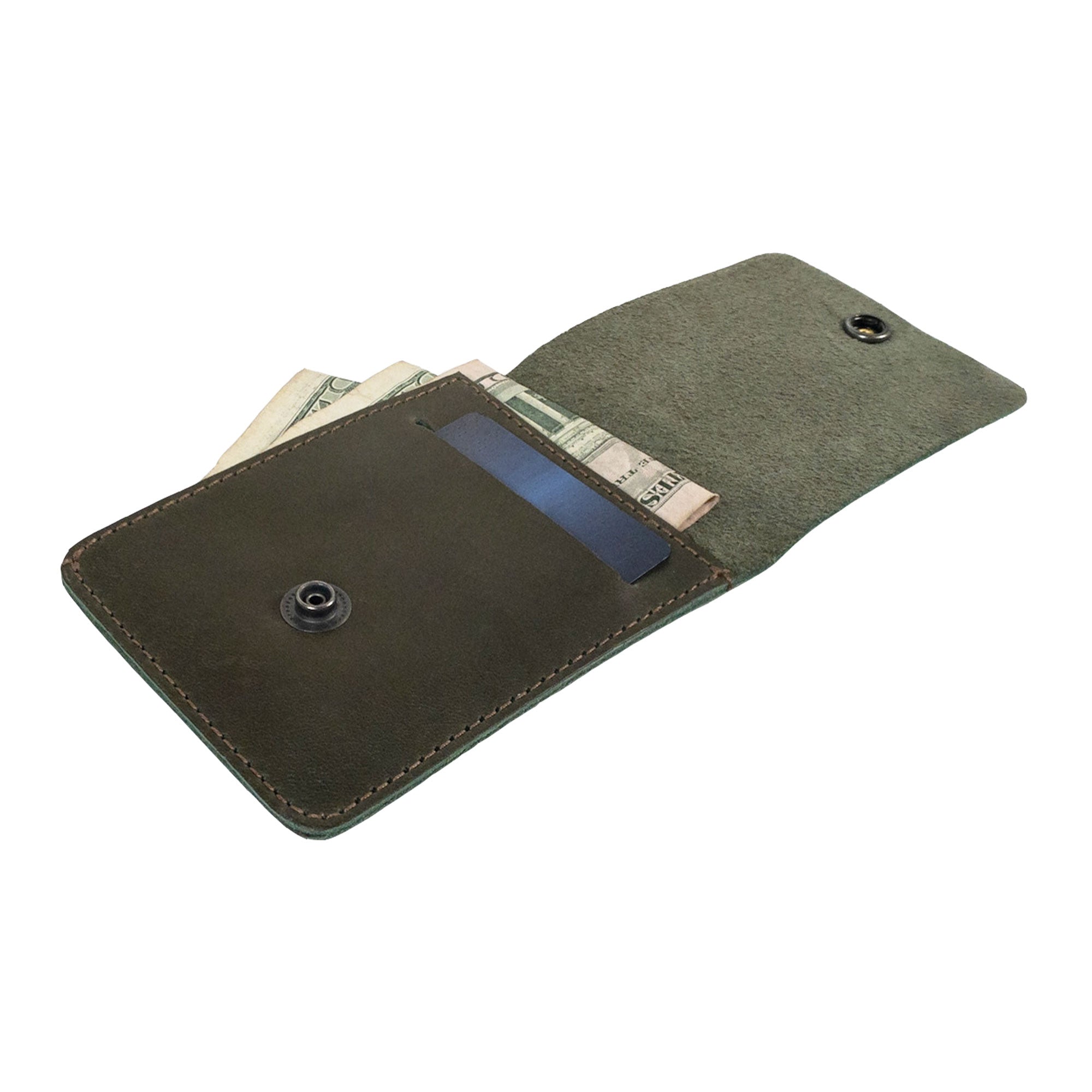 Back view of the green Vertical Wallet by Hide & Drink with the brand logo highlighted. This Vertical Front Pocket Wallet with Card Slot combines elegance and utility, perfect for compact storage of cash and cards, made from full grain leather, emphasizing small batch production techniques, hand cut, and hand sewn finished with fire branding. Handmade in La Antigua Guatemala & Oaxaca Mexico.