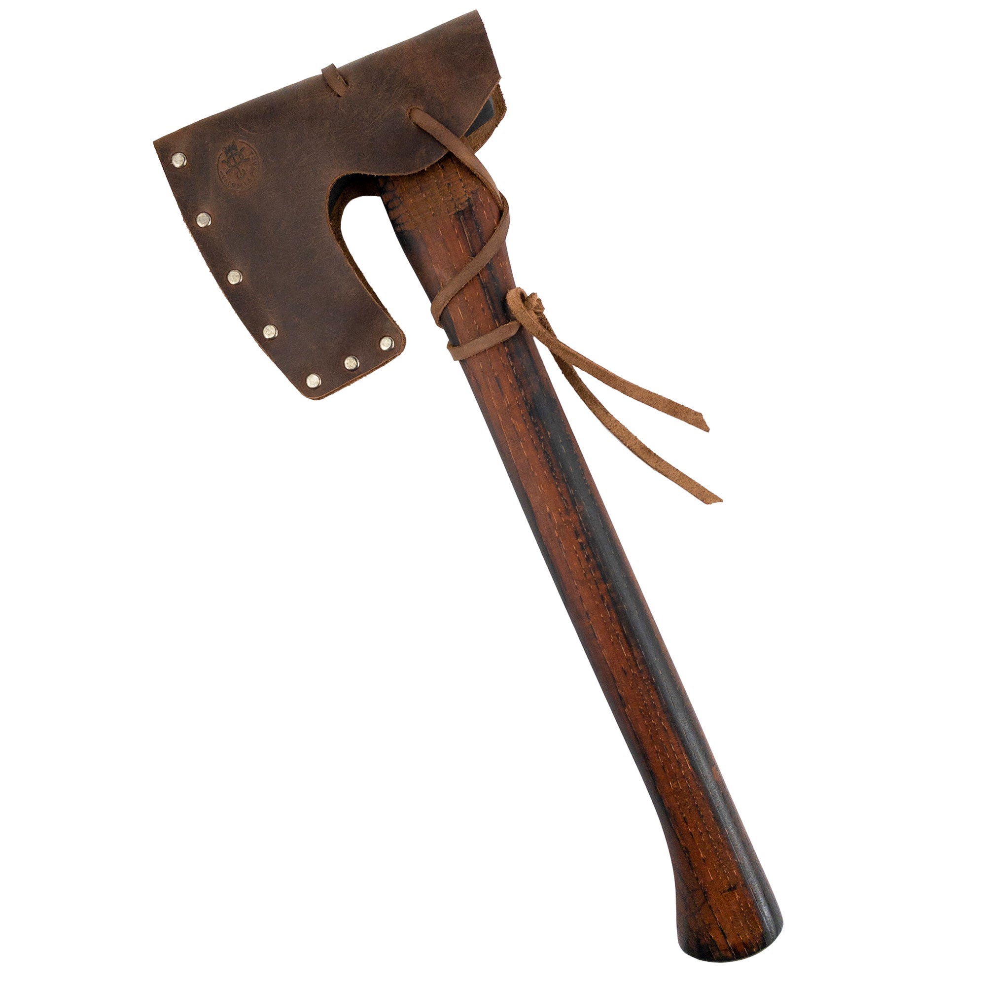 Valhalla Gear's Bearded Axe Head Sheath with String elegantly wraps around a wooden axe, showcasing its function as a Protector Case. This beautiful, handmade Full Grain Leather product is a must-have for any Lumberjack and Camping Accessories enthusiast, crafted with care in La Antigua Guatemala & Oaxaca Mexico, following Small Batch Production methods.