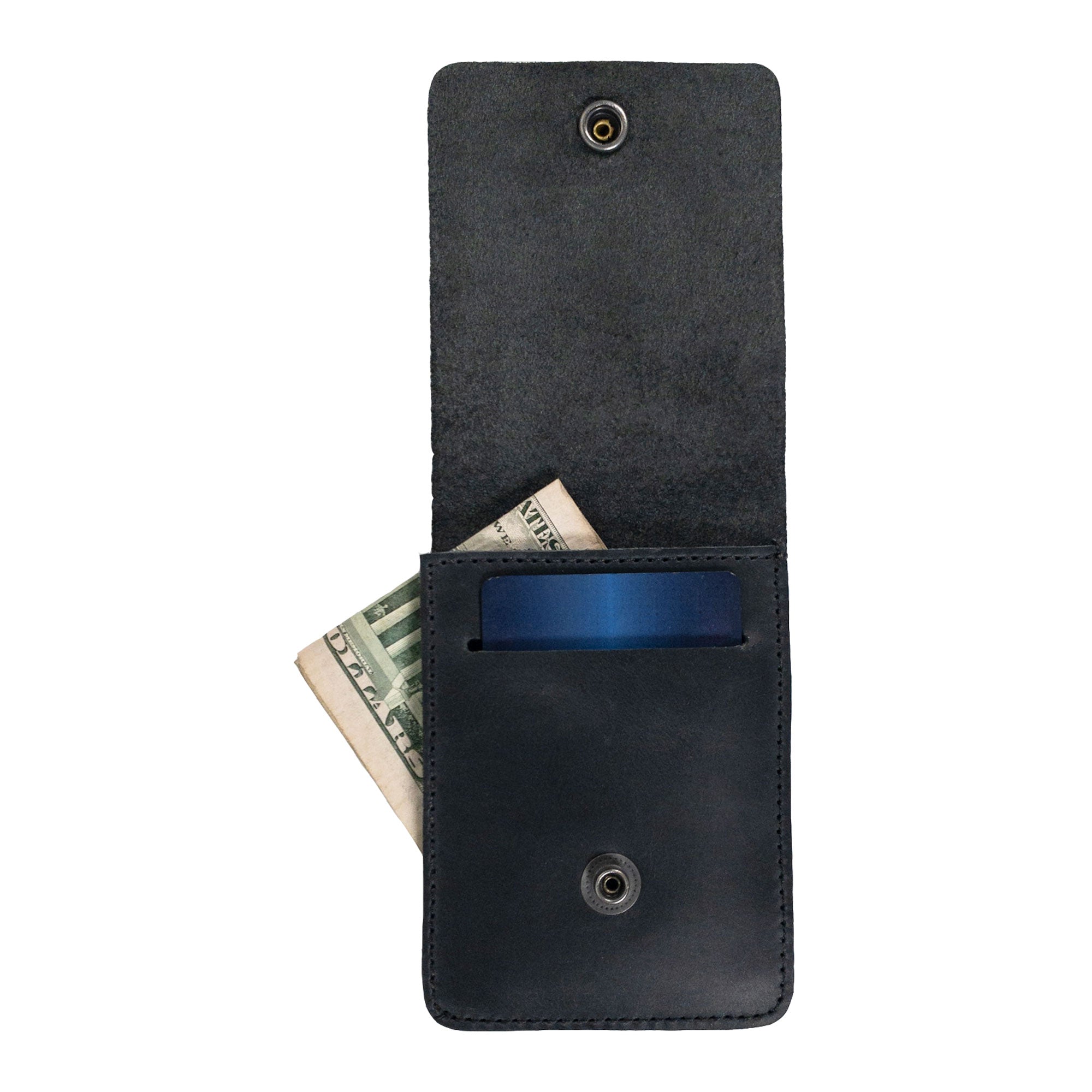 Side view of the black Vertical Wallet by Hide & Drink, illustrating its slim profile. This Vertical Front Pocket Wallet with Card Slot serves as an efficient card holder offering compact storage for bills, crafted from full grain leather with features of small batch production, hand cut and hand sewn with fire branded artistry. Handmade in La Antigua Guatemala & Oaxaca Mexico.