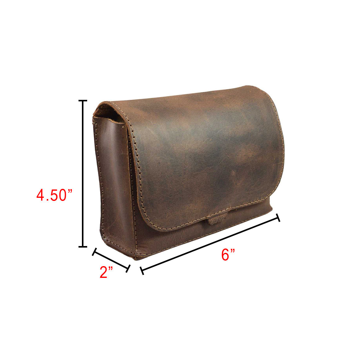 Dimensions of Hide & Drink's Squared Fanny Pack displayed with measurements. Featuring a classic design in Full Grain Leather, this Crossbody Bag is suitable for men and women. Discover a unique artisan-made product, characterized by small batch production, hand crafted quality, and fire branded details from La Antigua Guatemala & Oaxaca Mexico.