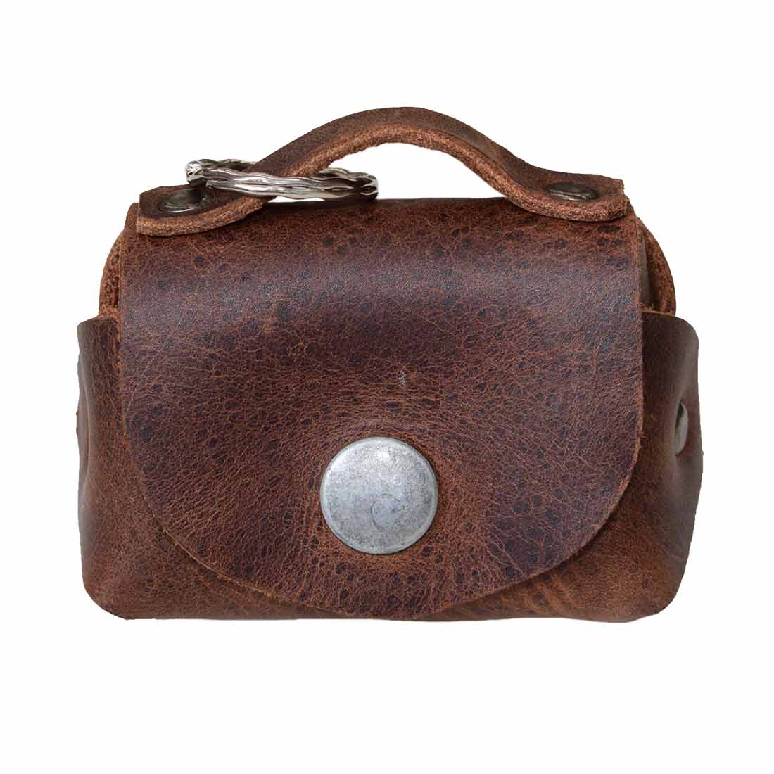 Front view of the Tiny Handbag Keychain, highlighting its rustic charm and key ring holder, made from full grain leather by Hide & Drink. This unique Tiny Handbag with Key Ring Holder combines craftsmanship with small batch production, hand cut, hand sewn, fire branded features, and it’s artisan-made in La Antigua Guatemala & Oaxaca Mexico.