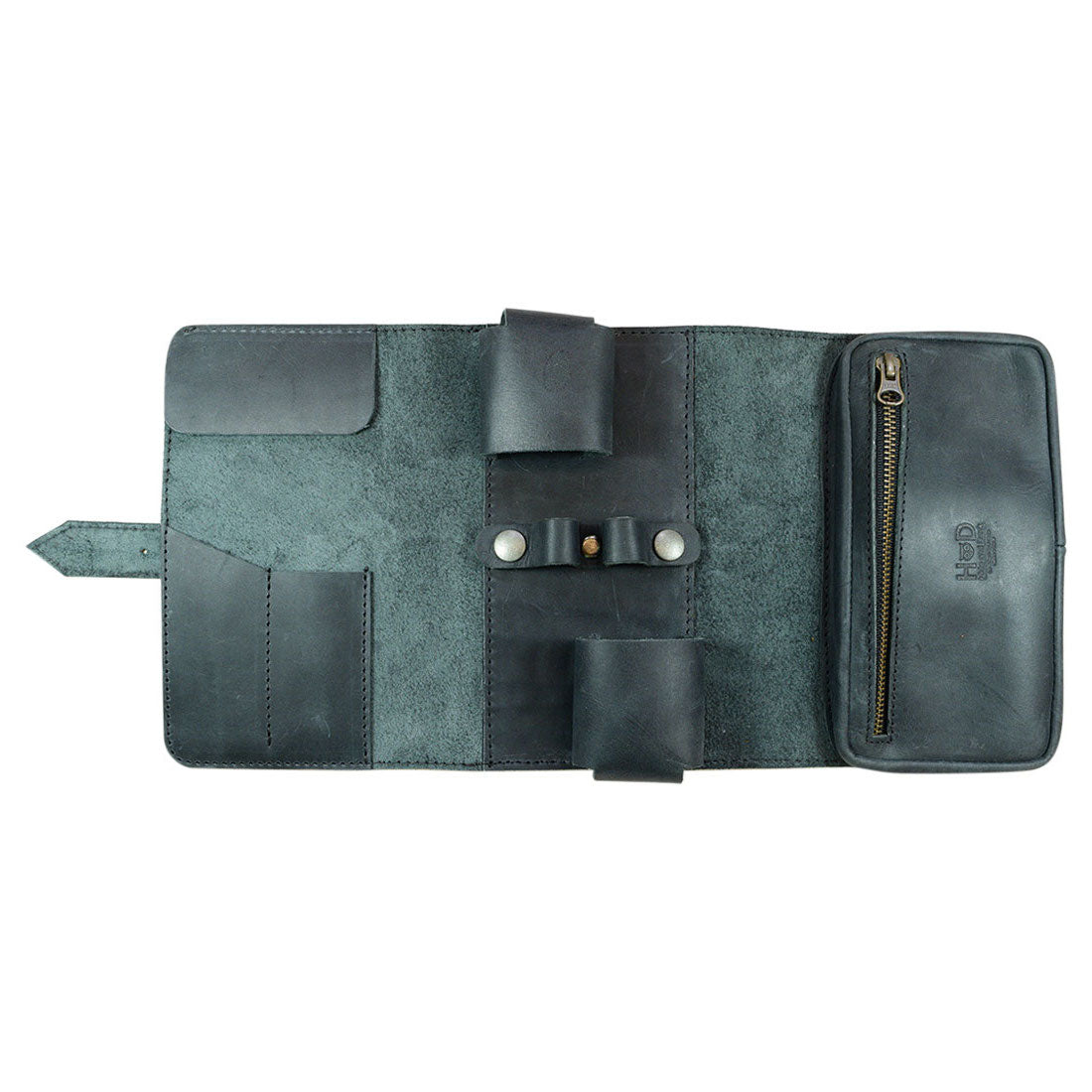 Another interior view of the Double Pipe Tobacco Pouch from Hide & Drink, highlighting the zippered pocket and storage sections. Crafted from Full Grain Leather, this handmade pouch is perfect for every artisan's kit.