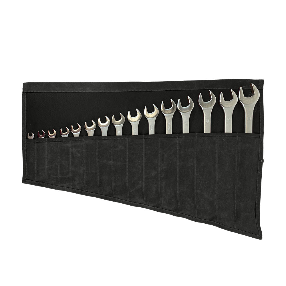 Hide & Drink Wrench Roll (15 Pockets), featuring Water Resistant Waxed Canvas, offers a practical, artisan-made storage solution for wrenches on-the-go, crafted in La Antigua Guatemala & Oaxaca Mexico.