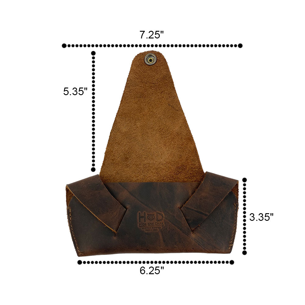 Dimensions overview of the Foldable Sunglass Case by Hide & Drink, illustrating the precise measurements. Made from Full Grain Leather, it represents artisan quality through small batch production and skilled handwork.