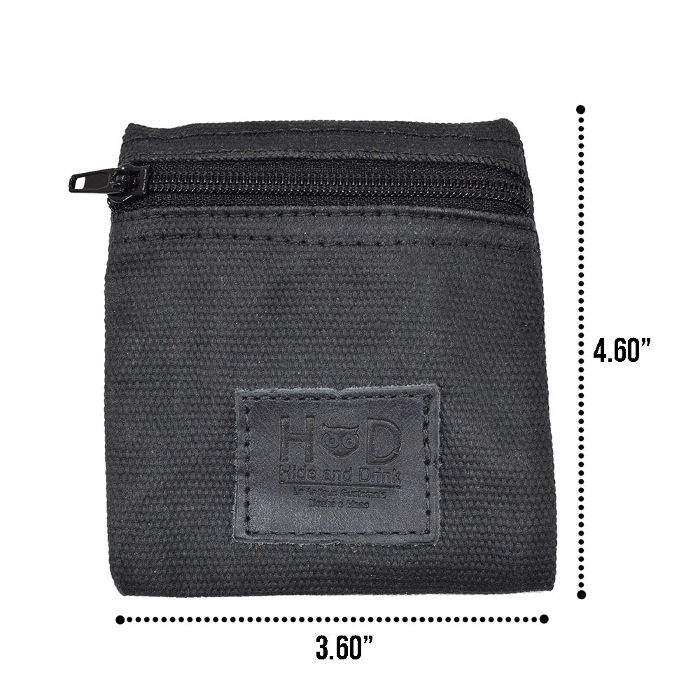Hide & Drink Condom Pouch featuring dimensions, made from durable water resistant waxed canvas. This artisan pocket purse is perfect for everyday use and a thoughtful classic partner gift. Handmade in La Antigua Guatemala emphasizes meticulous craftsmanship.