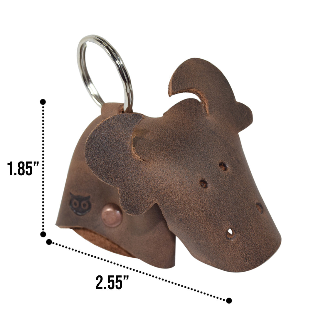 Detailed view of the dimensions of the Full Grain Leather Animal Key Chain from Hide & Drink, featuring a charming cow design. This Critter Keychain is a perfect fob charm and animal key holder charm pendant, handmade with care in La Antigua Guatemala, showcasing artisan craftsmanship.