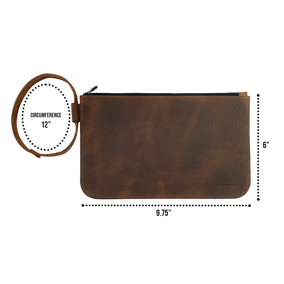 Measurement details of Heather's Rustic Clutch Bag, showcasing its dimensions and craftsmanship. This stylish pouch is great for storing small valuables like cosmetics and toiletries. Made from durable full grain leather, it emphasizes artisan quality, with each piece hand cut and hand sewn, fire branded for uniqueness, crafted in La Antigua Guatemala & Oaxaca Mexico.