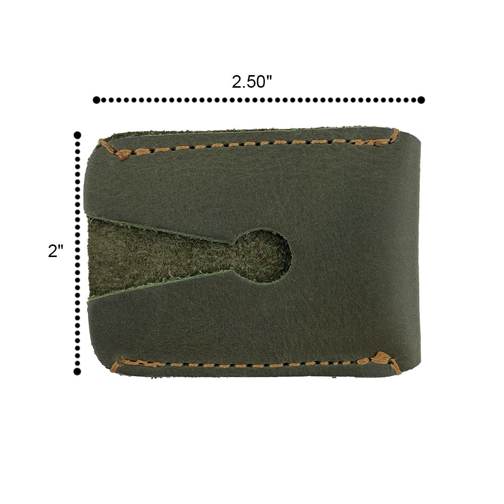 Close-up dimensions of Razor Head Cover by Hide & Drink highlighting its compact design, ideal for double edge safety razors; a reflection of artisanal craftsmanship and full grain leather quality, perfect for protective travel shaving.