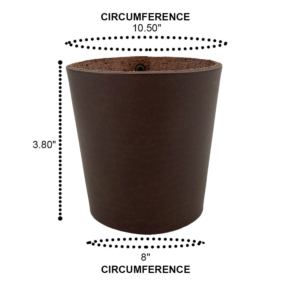 A detailed look at the dimensions of Hide & Drink's Pint Sleeve, featuring its sturdy and durable leather construction. This artisan item offers natural temperature control for drinks and is a unique gift idea, designed with brass metal rivets, made in small batches in La Antigua Guatemala & Oaxaca Mexico.