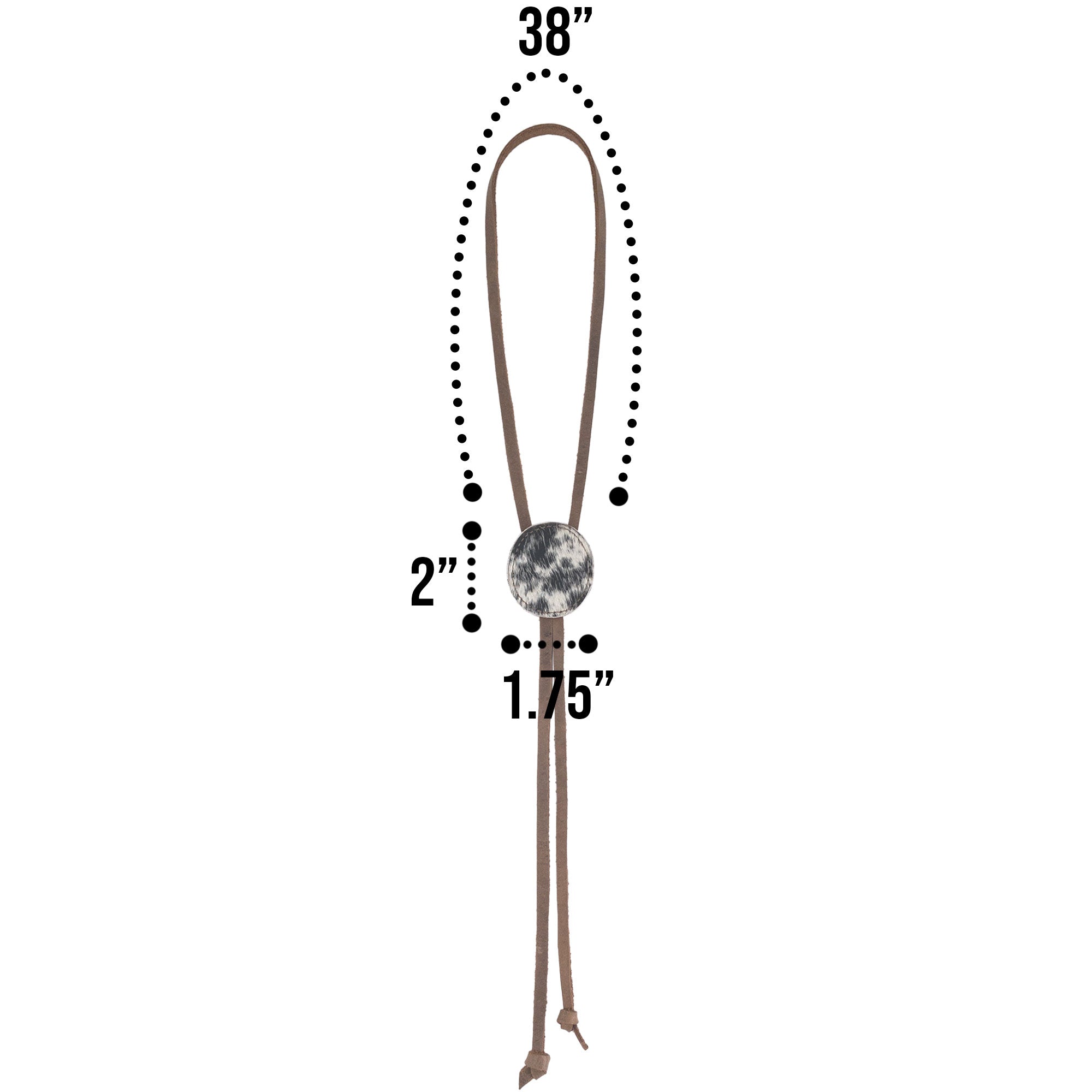 Cowboy Bolo Tie from Western Leather Works dimensions displayed, featuring round shape and full grain leather. An artisan necktie accessory emphasizing small batch production and handcrafted detail, made in La Antigua Guatemala & Oaxaca Mexico.
