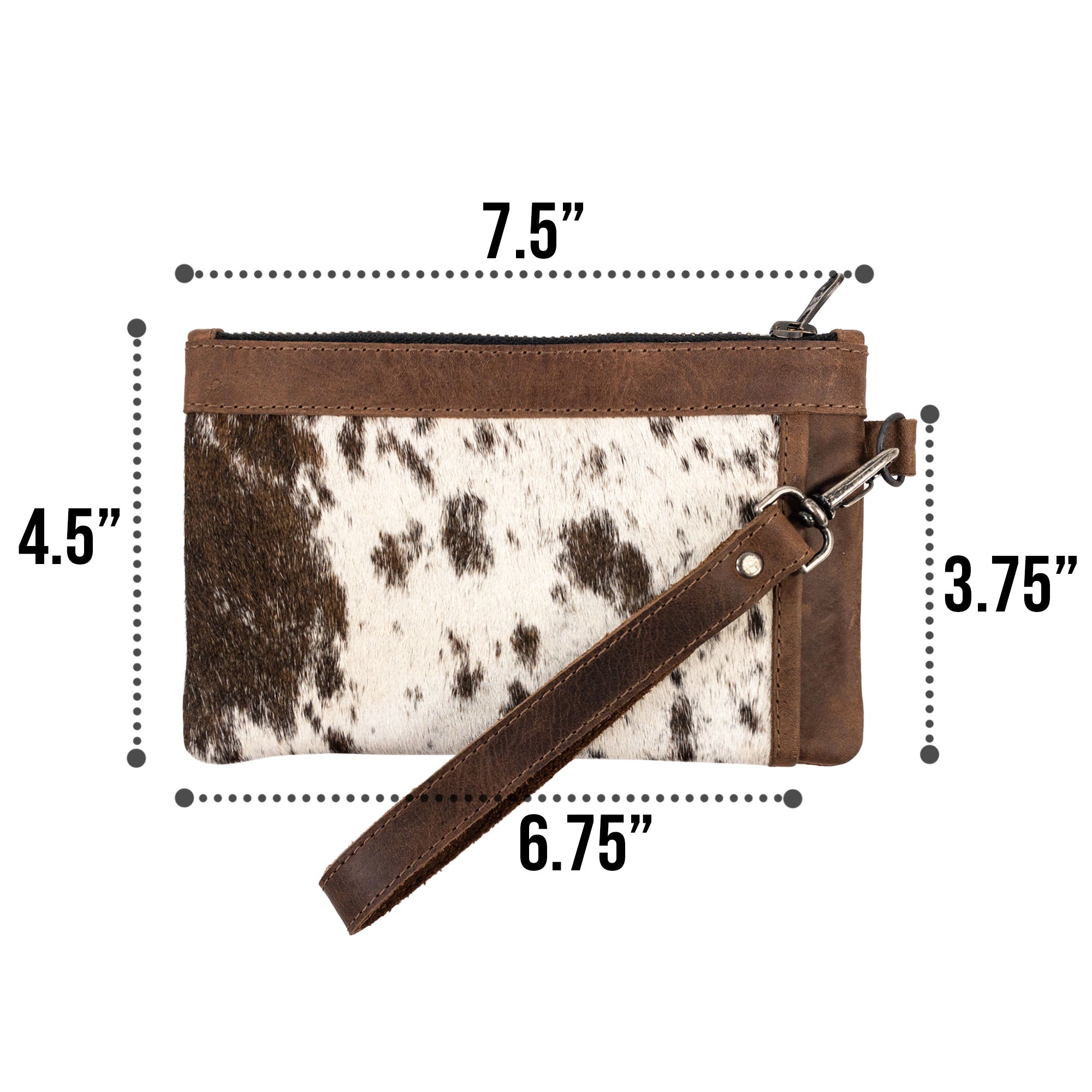 Dimensions of the stylish Wristlet Clutch Bag by Western Leather Works, showcasing it’s practical design. This rectangular wristlet clutch handbag is a perfect blend of Western style and full grain leather, embodying small batch production and artisan skill made in La Antigua Guatemala.