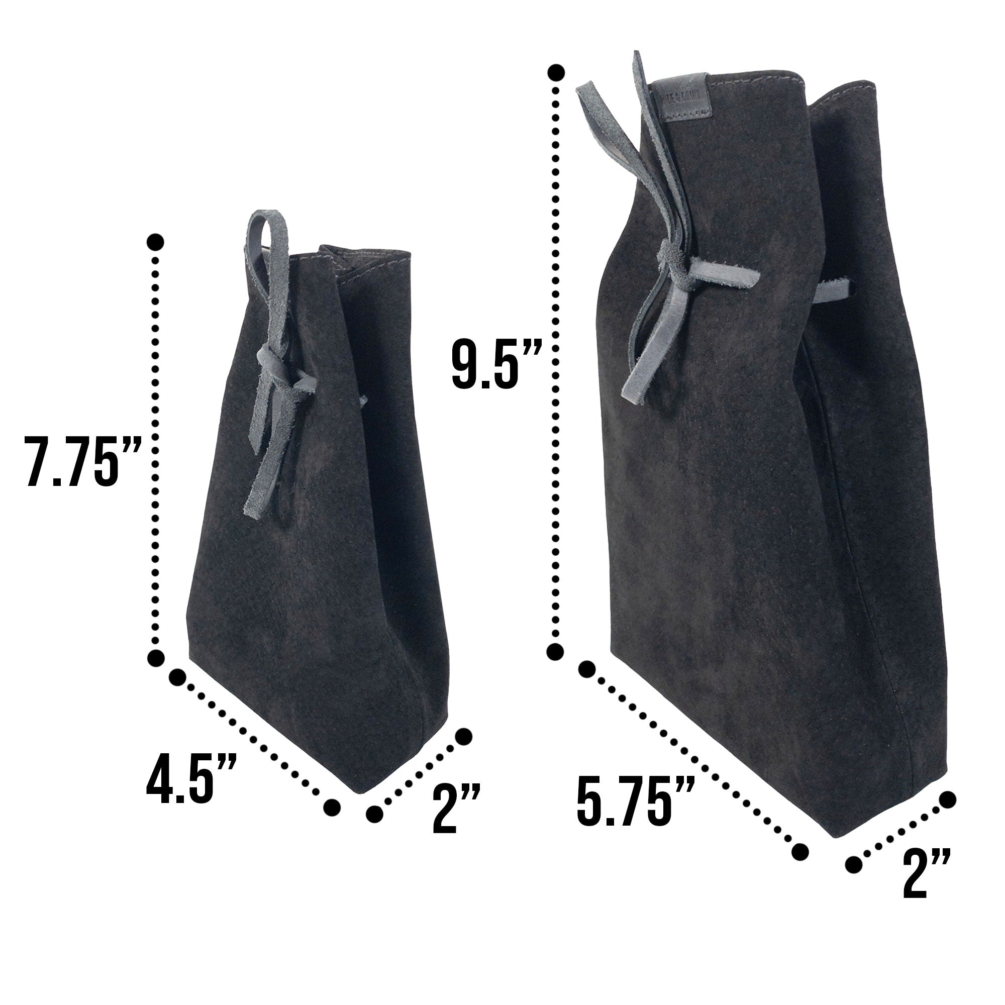 Two sleek Hide & Drink's Drawstring Sack (2 pack) in a dark color, showcasing effective storage solutions for everyday essentials. Drawstring Sack (2 pack) Handmade from Sheepskin and Full Grain Leather, StockyardX, Small Batch Production, Hand Cut, Hand Sewn, Fire Branded, Artisan, Handmade in La Antigua Guatemala & Oaxaca Mexico.
